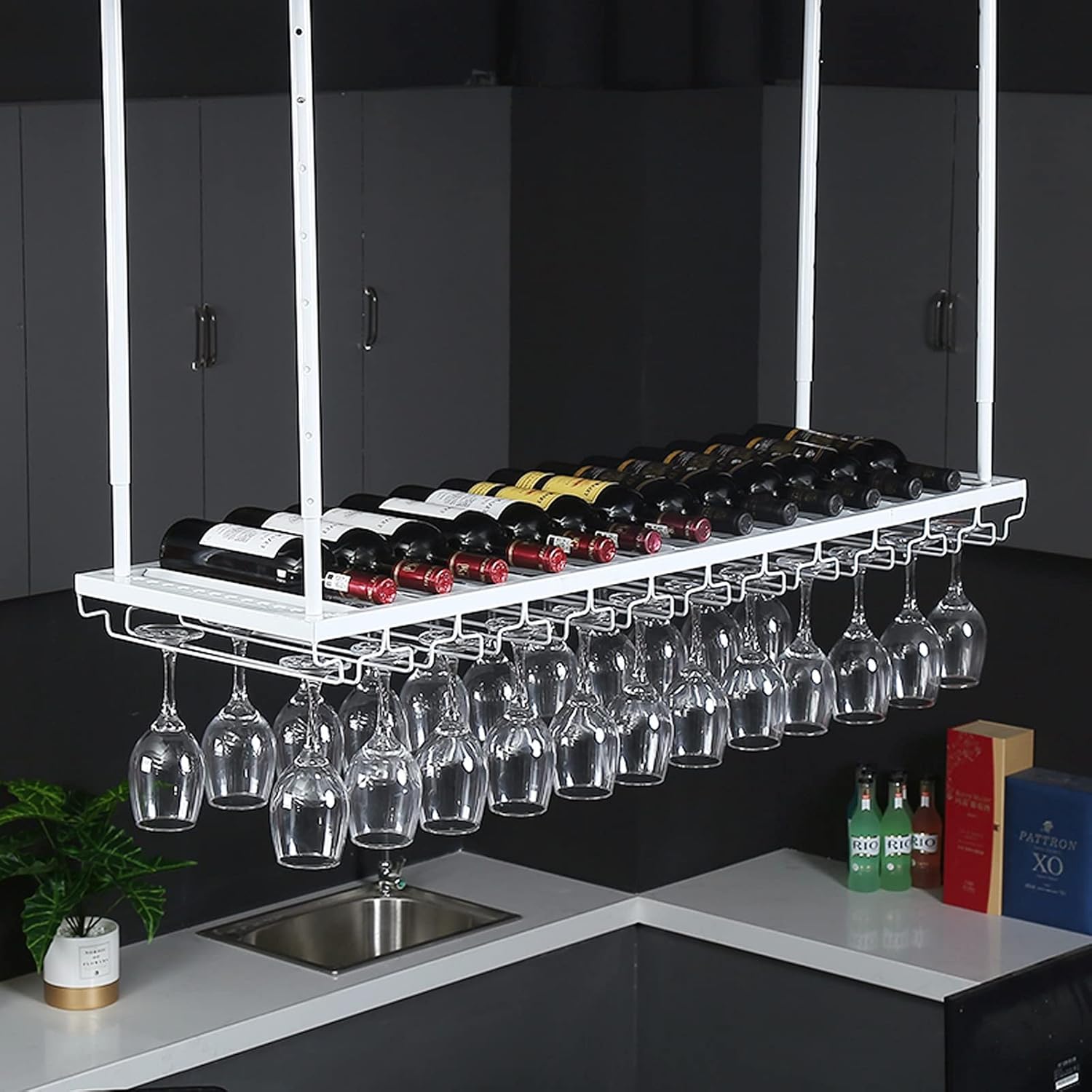 Ceiling Mounted Iron Wine Rack with Adjustable Height Upside Down Goblet Wine Holder for Bar Decor and Storage (60 * 35CM)