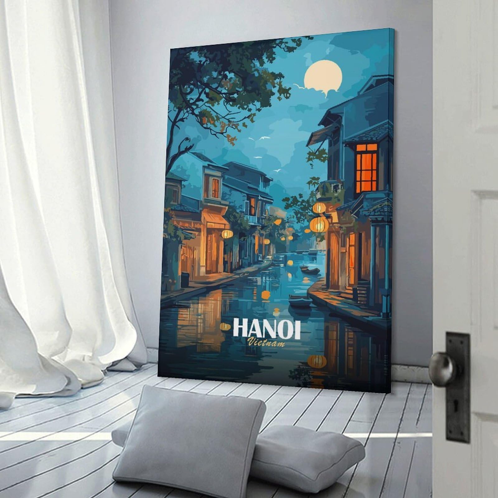Junmoney Hanoi, Vietnam Canal at Night Decorative Canvas Print 20x30inch(50x75cm), for Hallway, Bedroom Or Modern Interiors, Home Decor Gift with Stylish Appeal