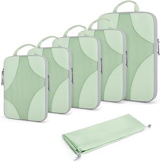 Cubos de embalaje de compresión (verde claro, 6 juegos) | Juego de organizador de valija ligero y comprimible para equipaje de mano y facturado estándar, 6 juegos, 14 bolsas de embalaje lavables