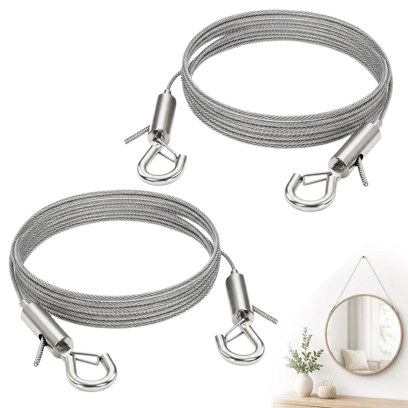 2 Pack Adjustable Picture Hanging Wires, 2m x 1.5mm 304 Stainless Steel Heavy Duty Wire Ropes with Hooks, Hold Up to 30kg/66lbs for Mirrors, Frames, Lamps & Artwork