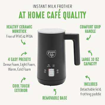 GreenLife Ceramic Electric Milk Frother, 10oz, 4-in-1, Auto Hot and Cold Foam, Dense and Light Foam, PFAS Free, Cordless Milk Warmer and Steamer for Latte, Coffee, Black