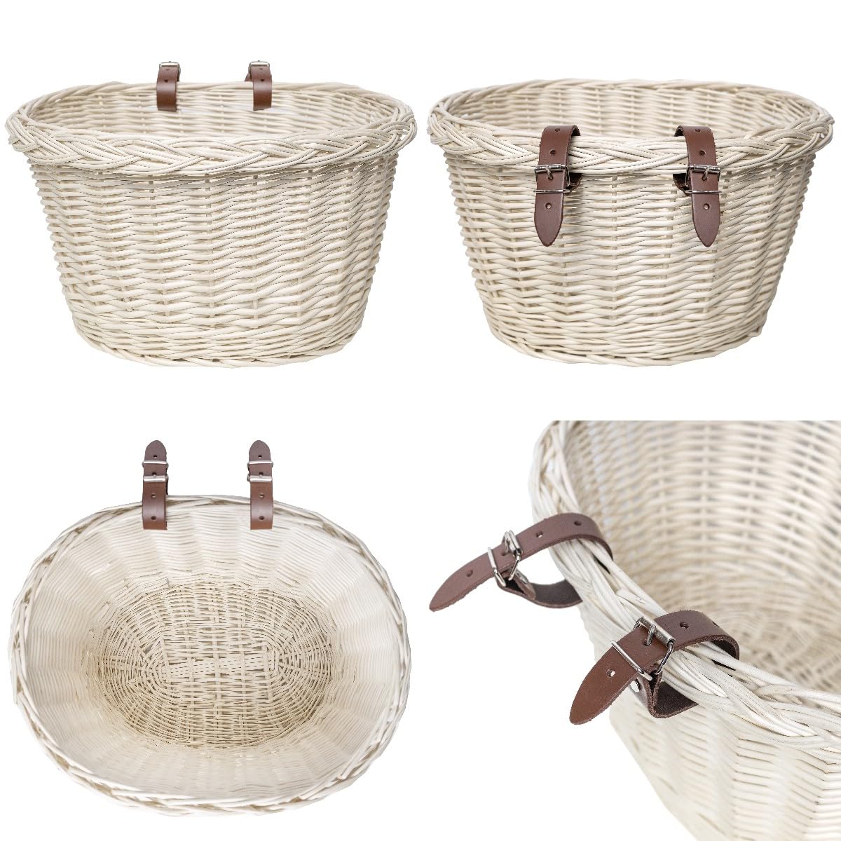 Creative Home Cestino da Bicicletta in Vimini Bianco 36 x 29 x 23 cm | Salice Bianco | Cestino Portaoggetti Intrecciato a Mano | Cestino Anteriore Facile da Montare con Cinghie | Cestino per Spesa