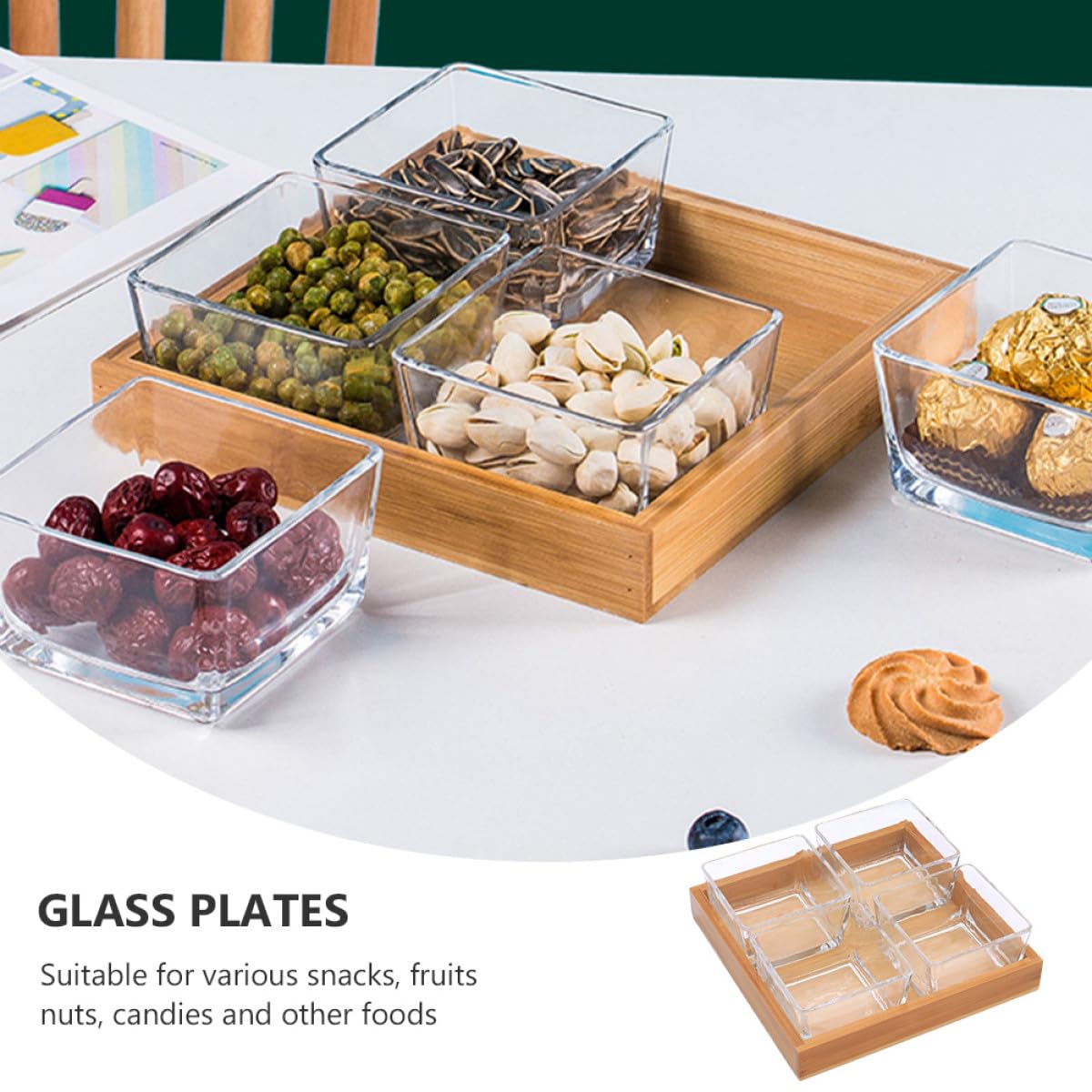 SUPVOX Plateau de Fruits Sec en Verre Compartimenté 4 Cases sans Couvercle, Support en Bois Inclus, Plateau Multifonctions pour Collations et Apéritifs, Assiette à Noix Couleur Aléatoire