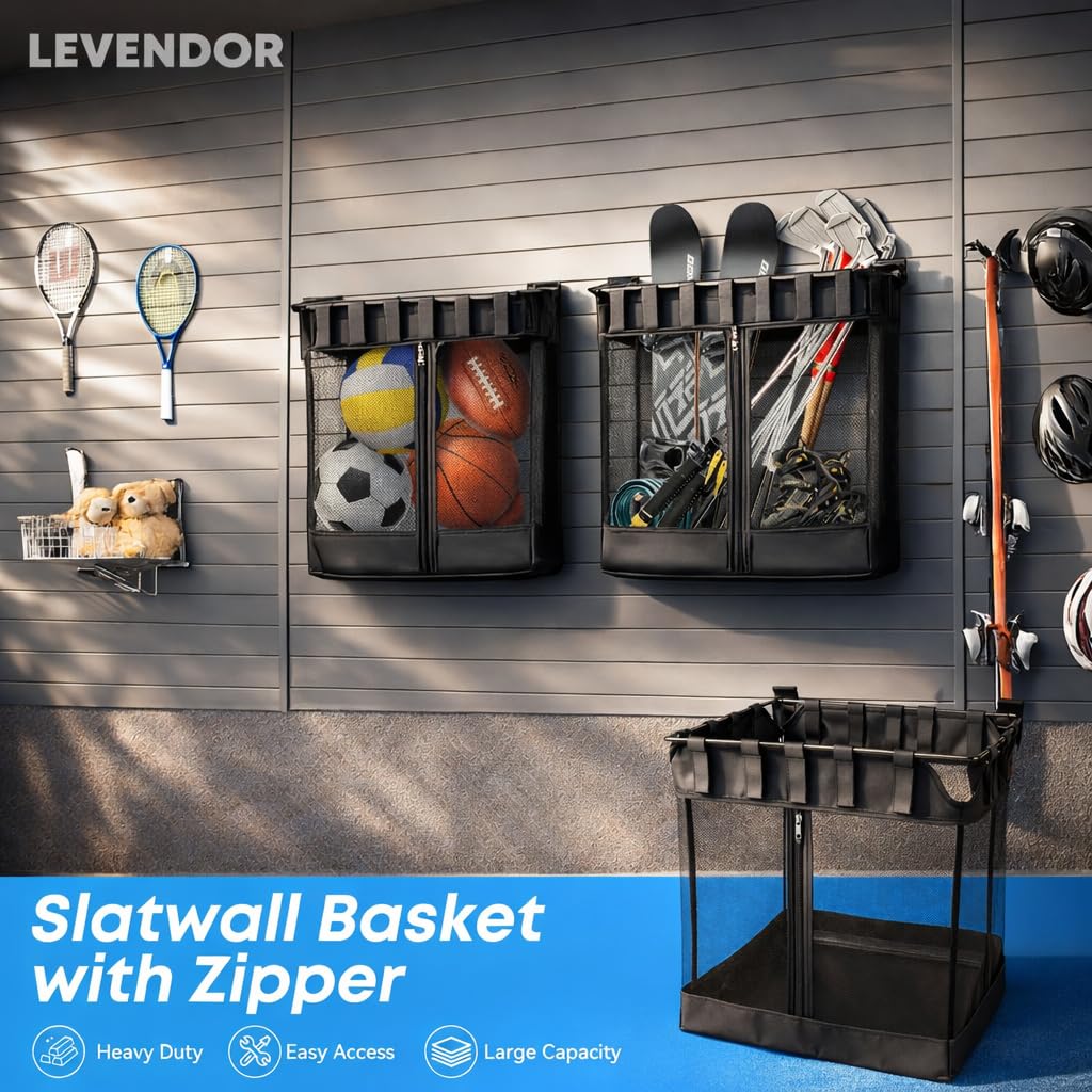 2PCs Slatwall Basket with Zipper - Visible Large Slatwall Mesh Basket, 8 Hooks Included, Heavy Duty Slatwall Ball Basket Support Up to 35lbs, Slat Wall Sports Storage, Gagage Slatwall Ball Holder