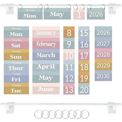 Magnetic Flip Calendar for Classroom, Magnetic Rod for Classroom Whiteboard | Large-print laminated date cards,Boho Style,Bulletin Board Accessory for School & Home Decor, Teacher Must Haves
