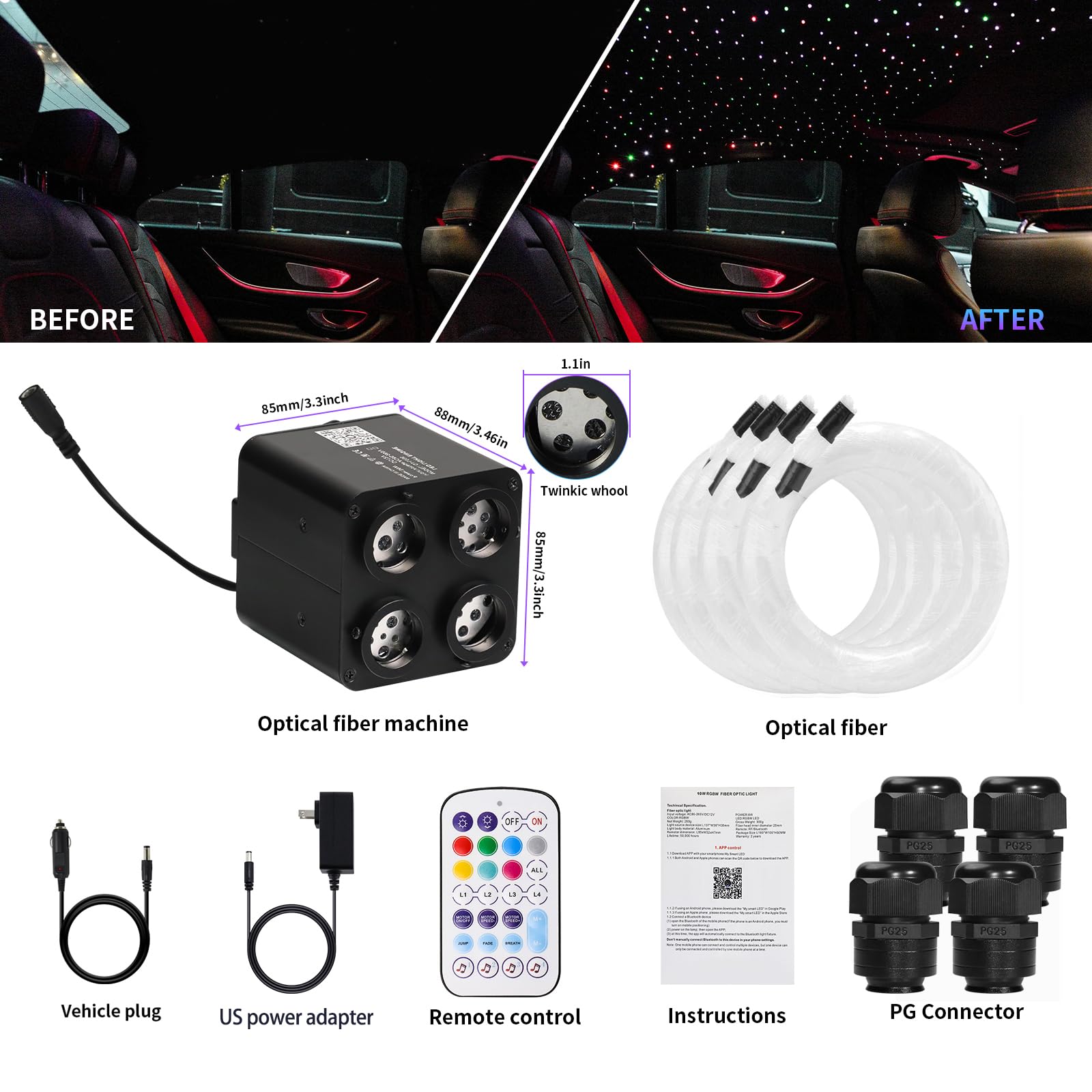 CHINLY Twinkle 400pcs 9.8ft 0.03in Starlight Headliner Fiber Optic Lights Kit, Music Mode Bluetooth APP Control Remote, RGBW Star Roof Lights For Star Headliner/Home Theater/Pool Ceiling