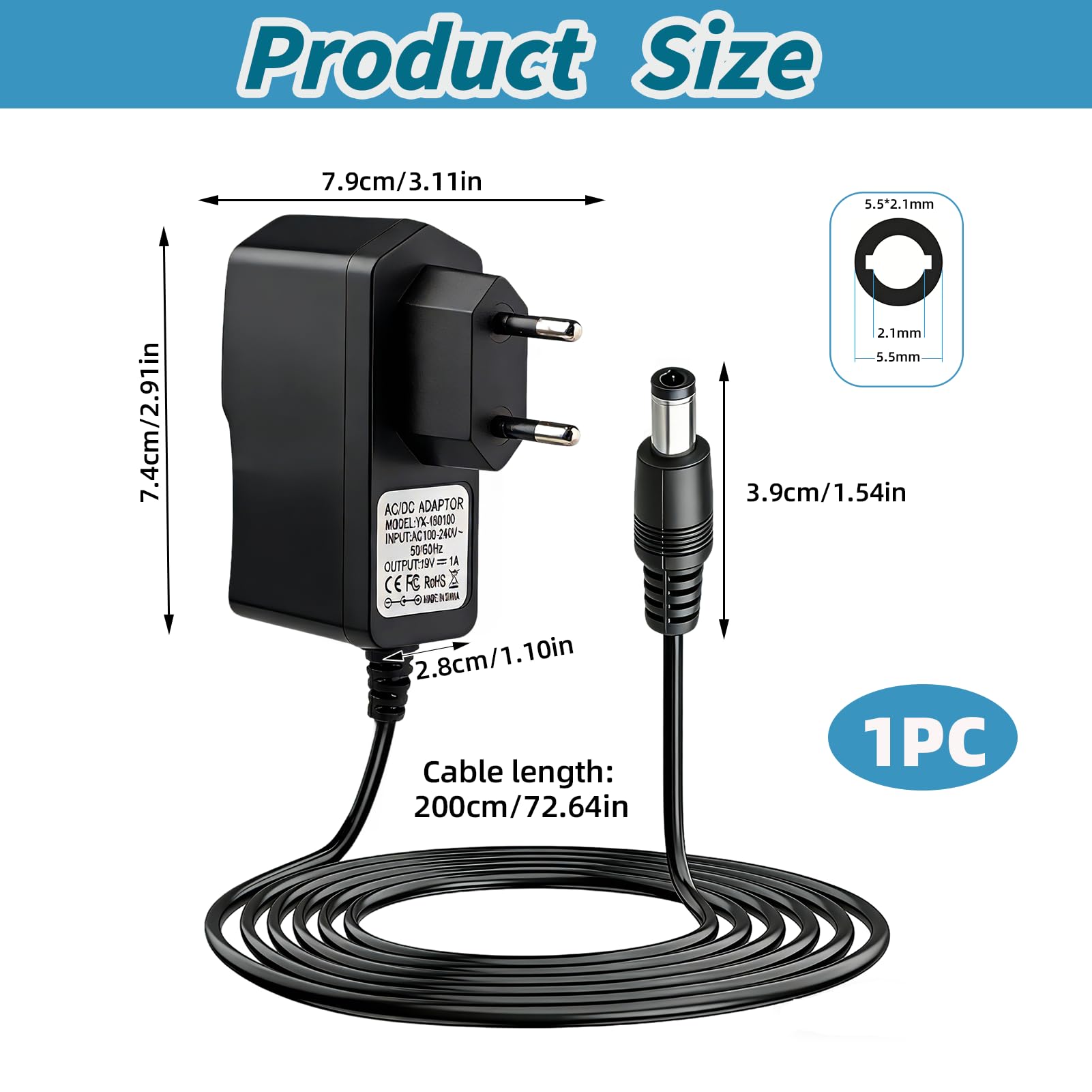 19V 1A Cargador para Conga Cecotec Robot Aspirador Excellence 890 990 750 950 1090 1790 Adaptador con Cable 2M para Aspirador Fuente de Alimentación Friegasuelos Eéctrico — view 6