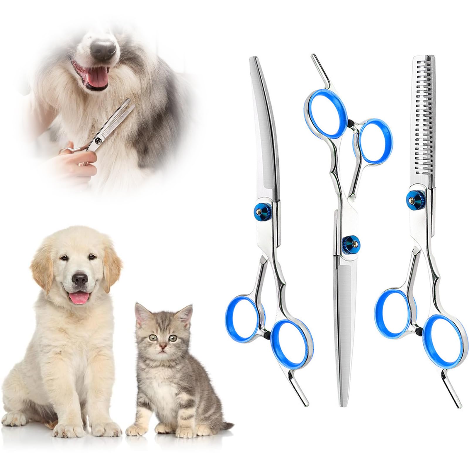 Jimkply Haustierfriseur-Set, Enthält 1 Kamm, 1 Tuch, 1 Ausdünnschere, 1 Gerade Schere, 2 Gebogene Scheren, Haustierhaarpflege, für langes Haar, kurzes Haar, Hunde, Katzen, Kaninchen