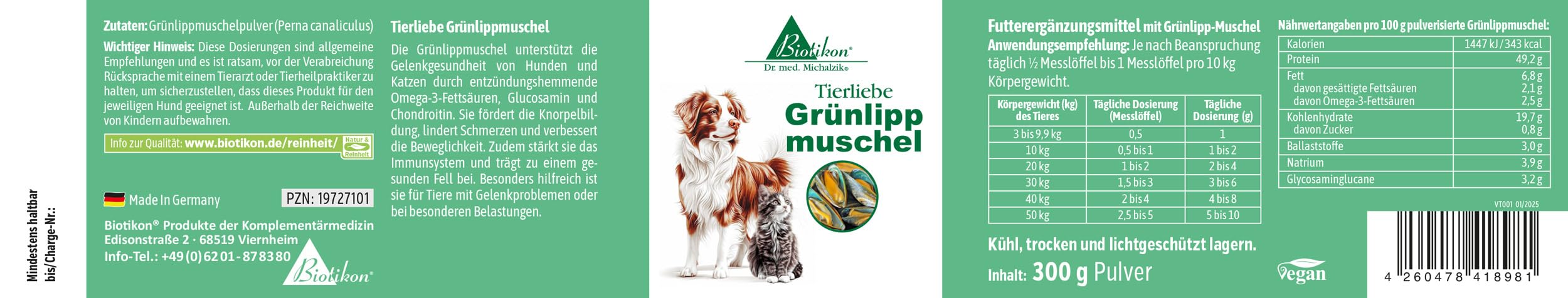 Tierliebe Grünlippmuschel nach Dr. Michalzik, 300 Gramm Pulver