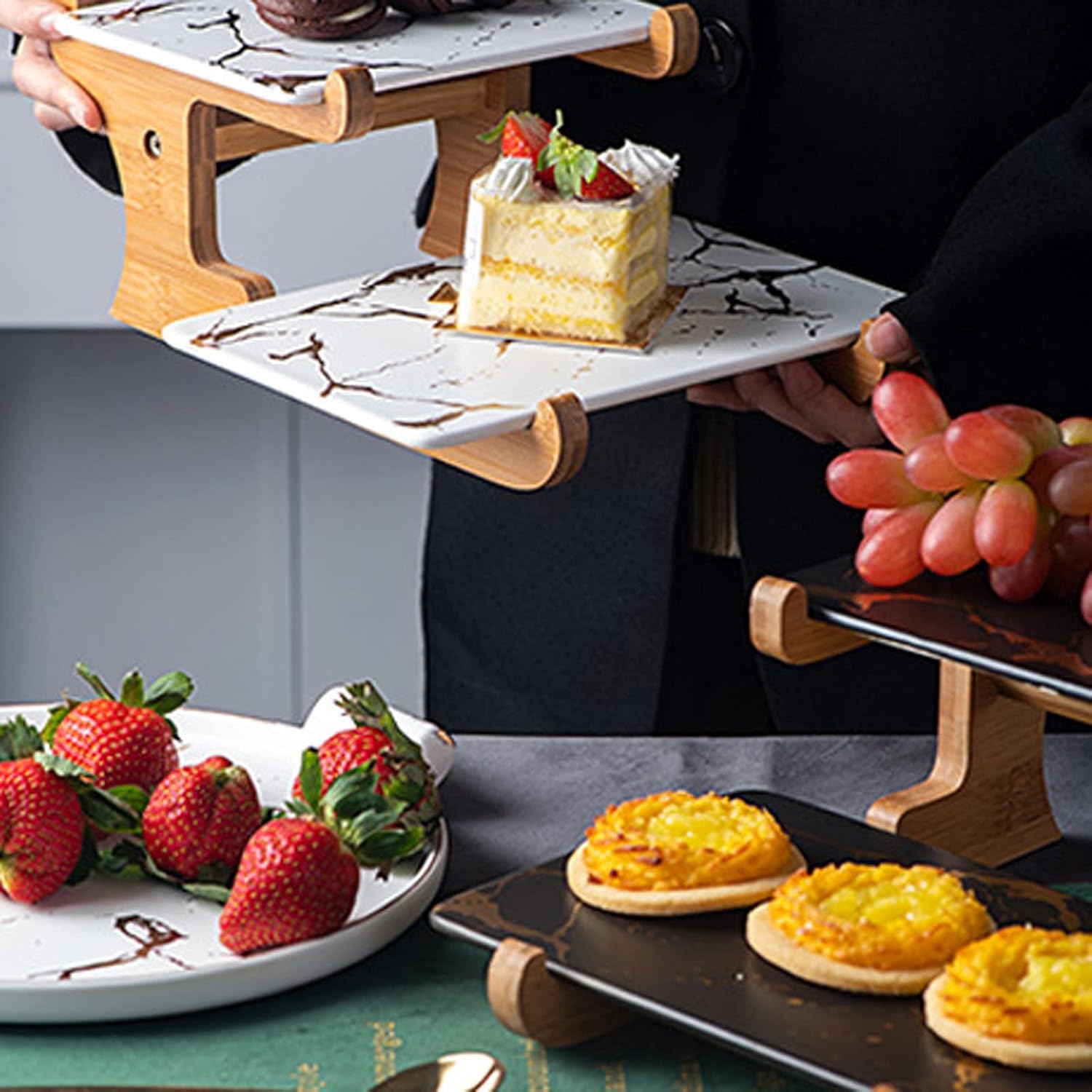 Dessert Stand Marble Cake Stand 2-layer Dessert Table with Wooden Base Afternoon Tea Cupcake Stand for Tea Party, Wedding and Birthday Cupcake Stand Serving Tray (Color : Black)