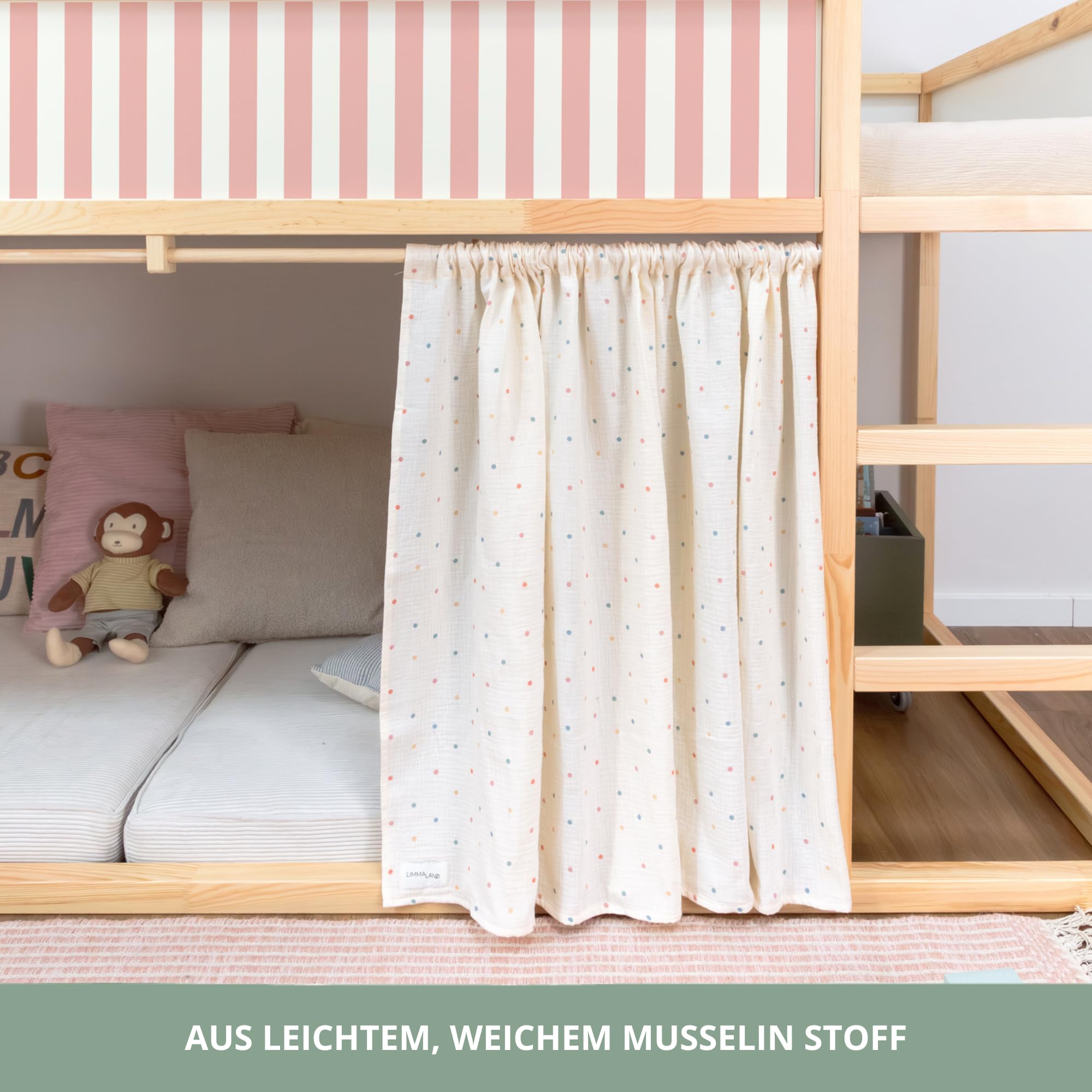 Vorhangset für IKEA KURA Bett - Pünktchen, Leiterseite | Vorhangstange aus massivem Kiefernholz + 2 Vorhänge aus 100% Baumwolle · macht das Bett zur Kuschelhöhle