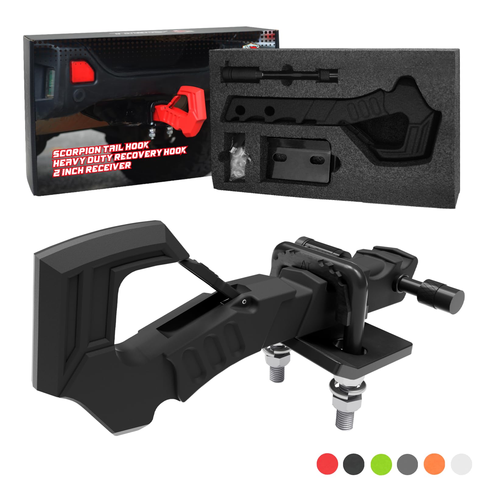 Tow Hitch Receiver Hook With Tightener, 2 Inch Truck Receiver, Drop Forged Steel Trailer Hitch 88000 Lbs Break Strength, Scorpion Tail Tow Hook for Trucks, Black