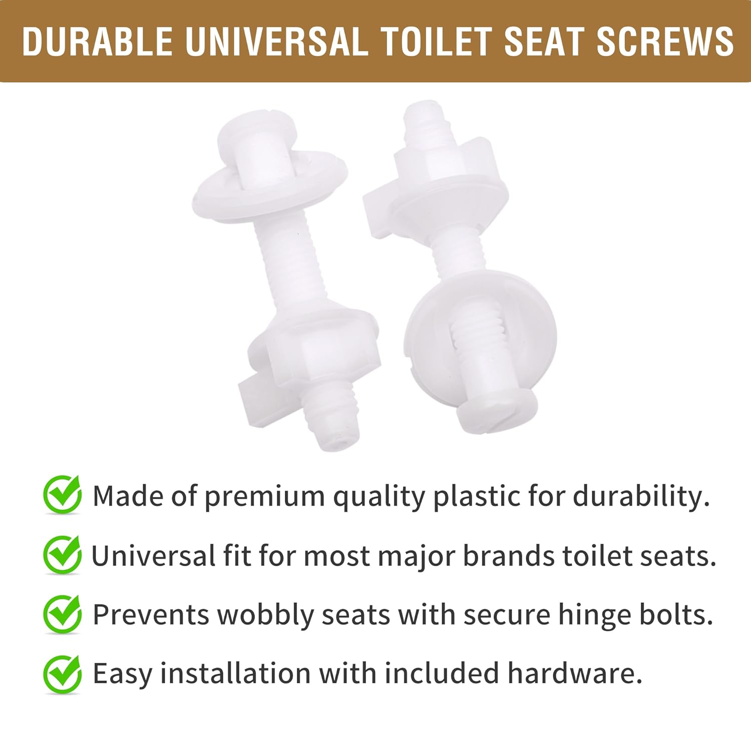 2Pcs Universal Plastic Toilet Seat Hinge Bolt Screws Replacement Kit with Nuts and Washers, Compatible with Kohler, Bemis, American Standard, TOTO, for Top Mount Toilet Seat Hinges, White