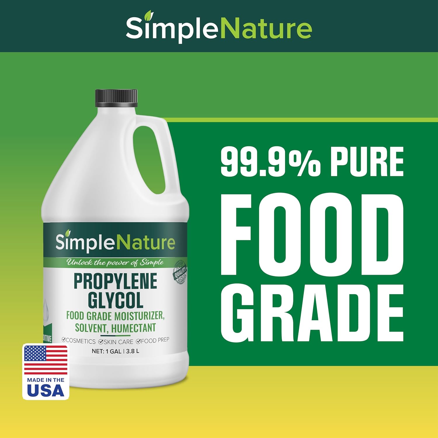 Food Grade Propylene Glycol - 99.9% Purity - 1 Gallon - Ecofriendly, Non-GMO Moisturizer, Solvent, Emulsifier, Humectant - Soaps, Lotions, Antifreeze, Fog Machines
