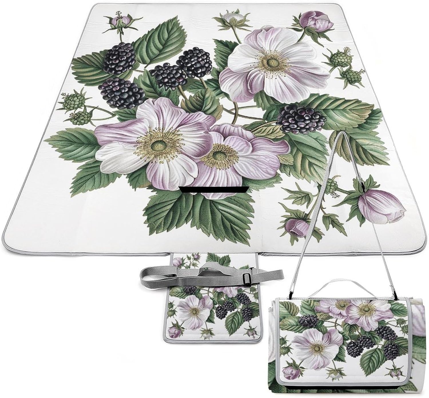 Outdoor Picnic Blanket Extra Large Beach Blanket Waterproof Picnic Mat Flowers and Blackberries Camping Blanket Portable with Carry Strap Park Blanket for Grass Camping Park