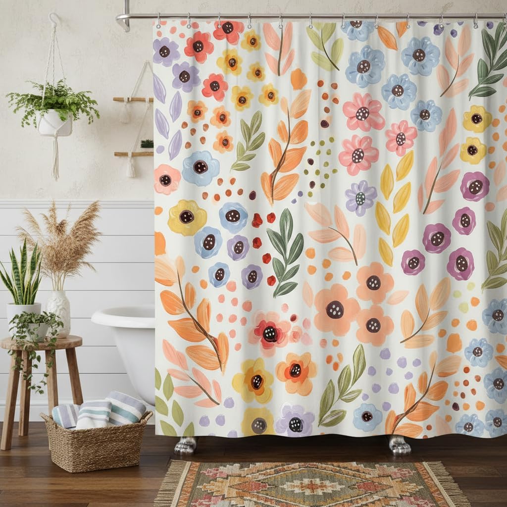 DYNH Cute Blue Floral Shower Curtain for Bathroom Decor, Boho Abstract Flower Leaves Wildflower Art Printed Vintage Cottagecore Elegant Waterproof Fabric Polyester Shower Curtains with Hooks,72X75IN