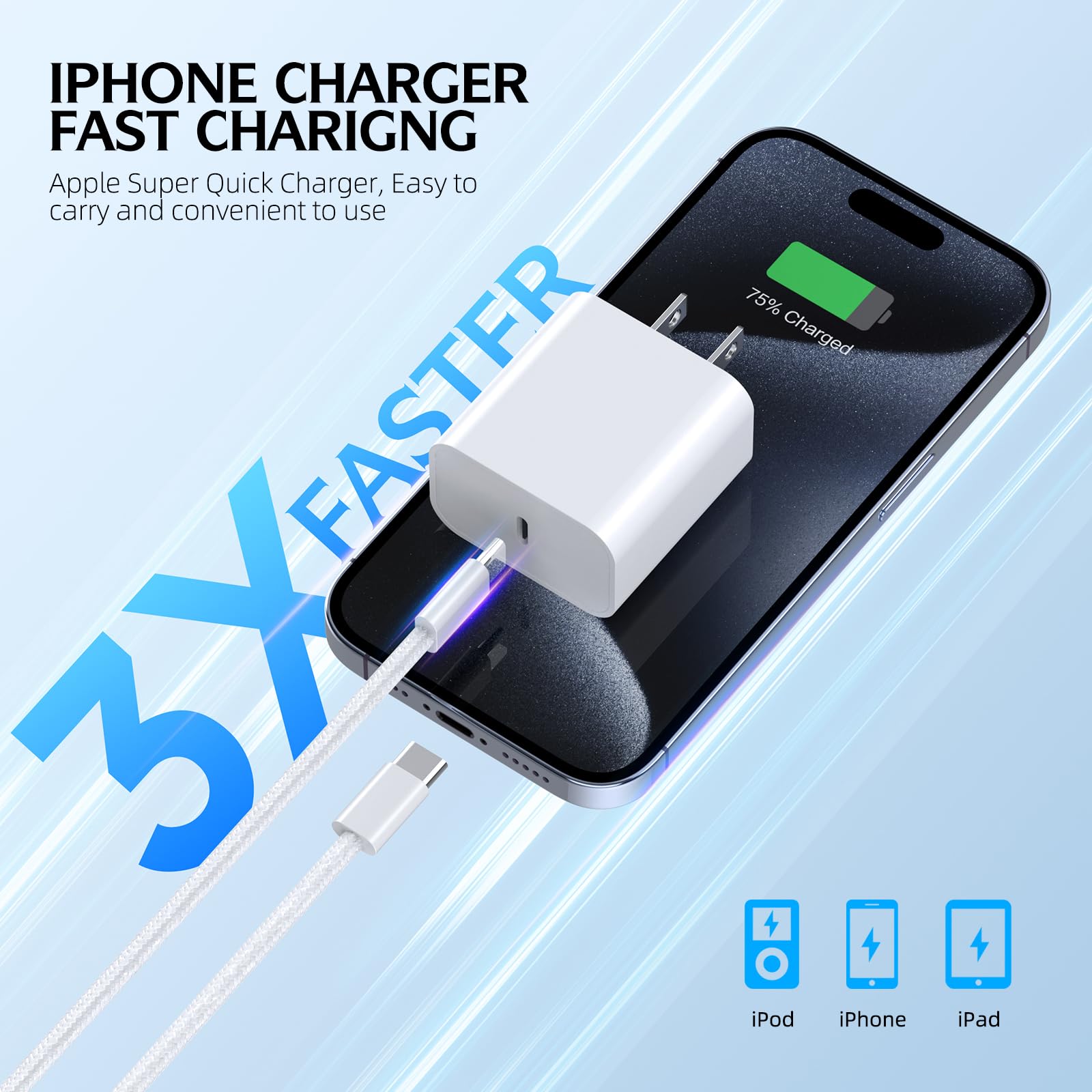 Szybka ładowarka do iPhone'a 16 Pro, 2 sztuki, 2 szt., 25 m, długi kabel USB C, z szybką ładowarką USB 20 W, do iPhone'a 16e/16 Pro/16 Pro max/16 Plus/16/iPhone 15/15 Pro/15 Pro Max/15 Plus, iPada Pro