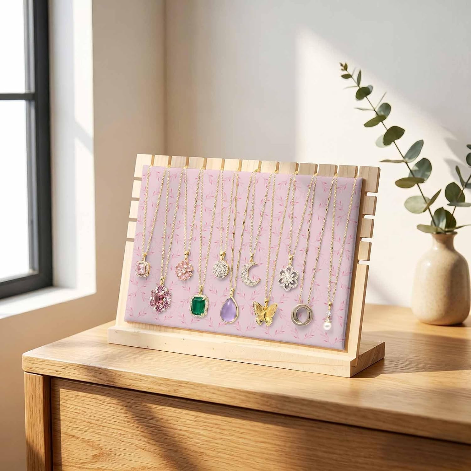 Necklace Display Stand Abstract Pink Morocco Plaid Detachable Necklace Holder Jewelry Display Storage, Country Leaf Diamond Wooden Jewelry Organizer for Selling 12x3x8in