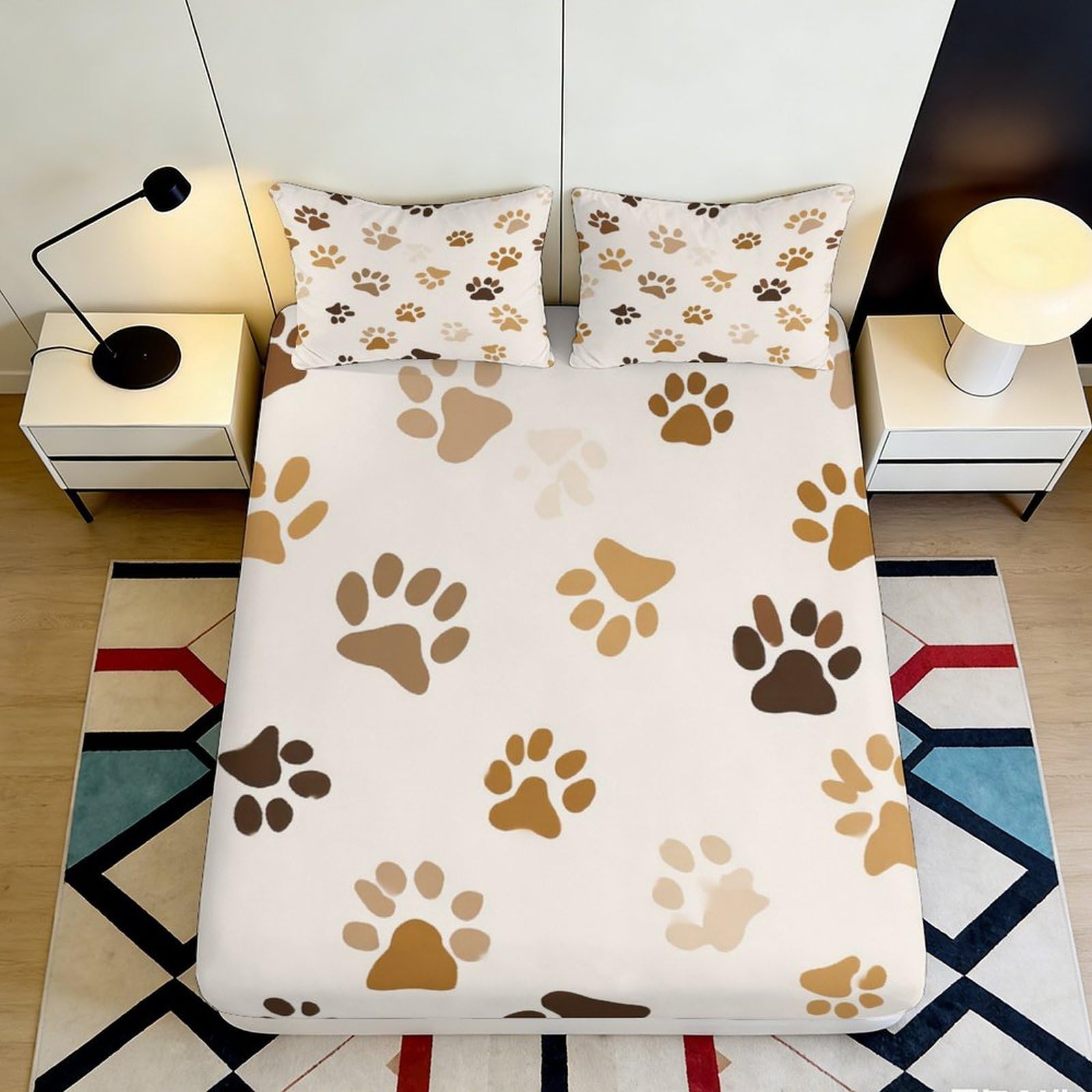 3D Printed Paw Pattern Fitted Sheet Microfiber Deep Pocket Non-Slip Bedroom Bedding Paws Mattress Fitted Cover Washable Elastic Hem 140x200x25cm