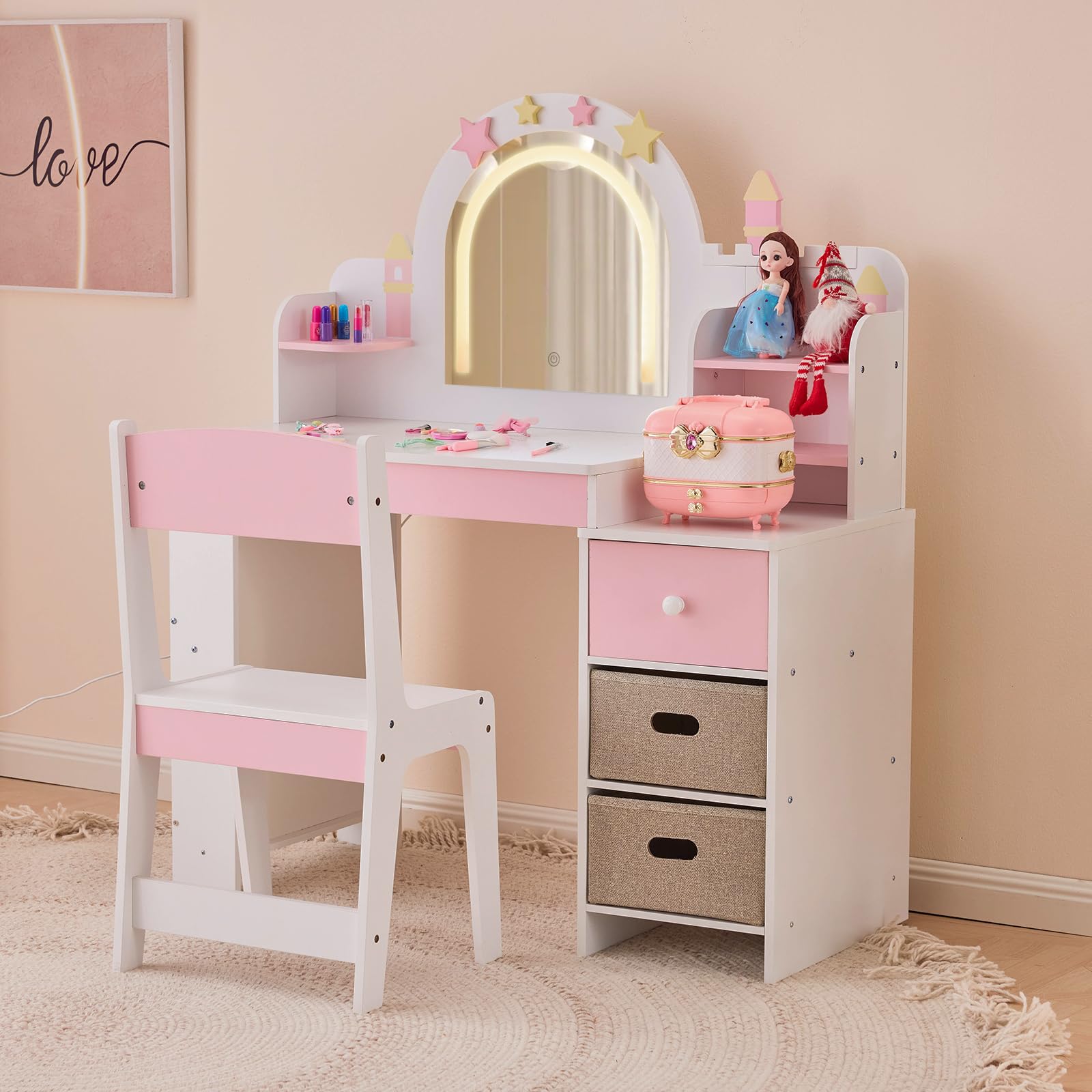 LALAHO 2 en 1 Coiffeuse pour Enfants et Miroir LED, Coiffeuse Fille avec Tabouret，Bibliothèque pour Enfants, Tiroirs en Tissu et Tiroirs en Bois, Crochets à Bijoux，pour Les 4-9 Ans (Blanc & Rose)