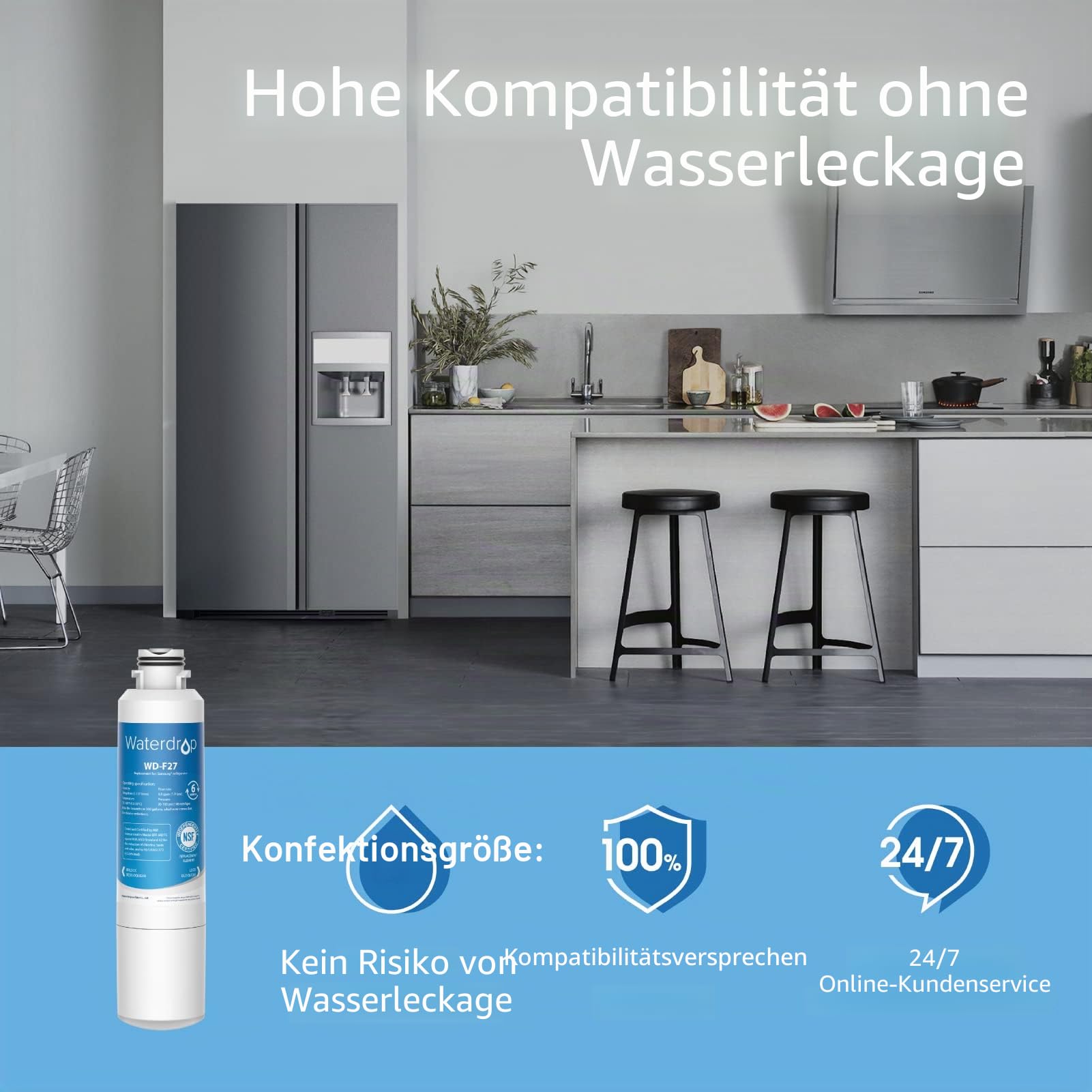Waterdrop WD-F27 Kühlschrank Wasserfilter Ersatz, Kompatibel mit Samsung® DA29-00020B HAF-CIN/EXP, HAFCIN, DA29-00020B-1, DA29-00020A, DA29-00019A, DA97-08006A, DA97-08043ABC, Kenmore 46-9101 (3)