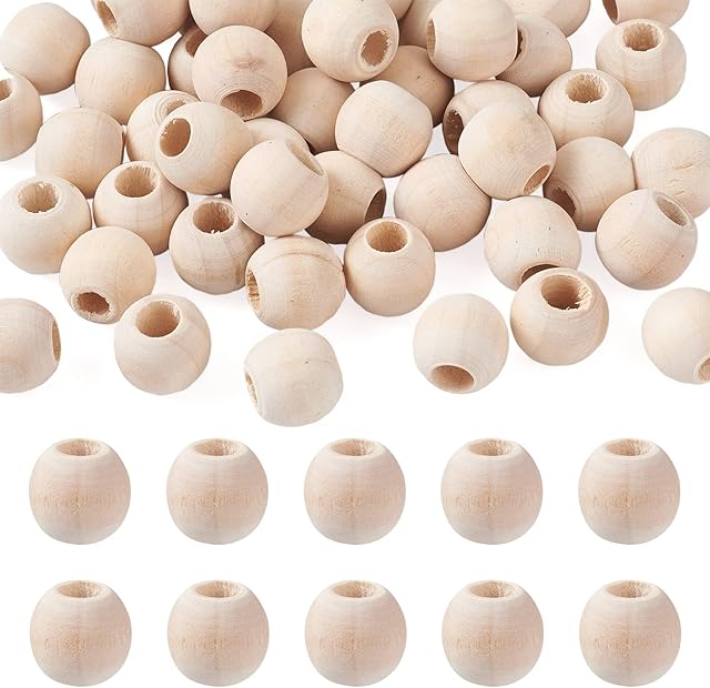 PandaHall 50pcs 15mm Natural Round Wood Beads Large Hole Unfinished Wooden Ball Spacer Loose Beads with 6mm Hole for Crafts DIY Handmade Decorations Jewelry Making, Antique White
