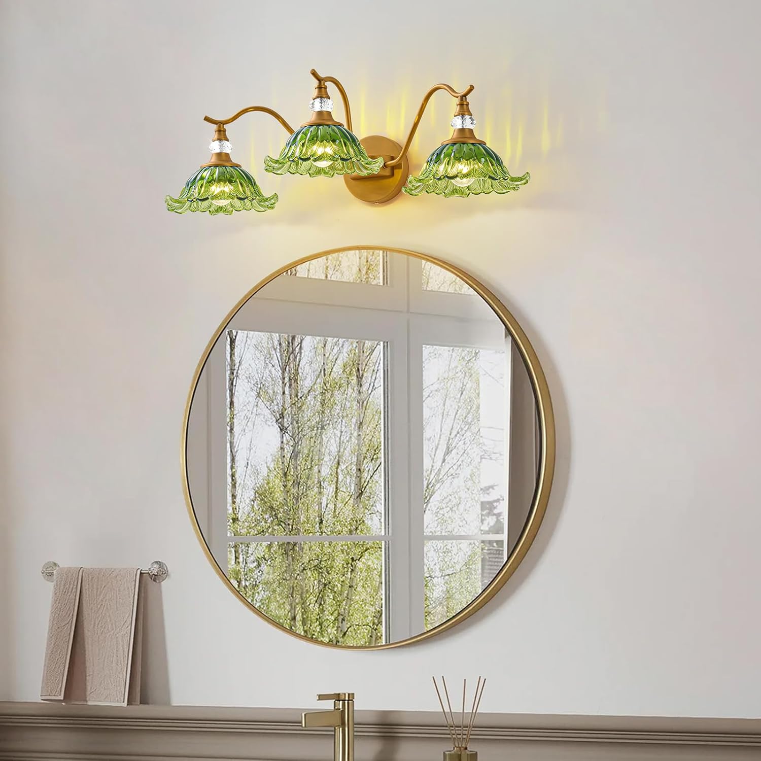 Vintage Bathroom Vanity Light Fixtures - 3 Light Antique Brass Bathroom Lights Fixture Over Mirror with Green Flower Glass,Retro Brushed Gold Bronze Wall-Mounted Vanity Lighting for Powder Room
