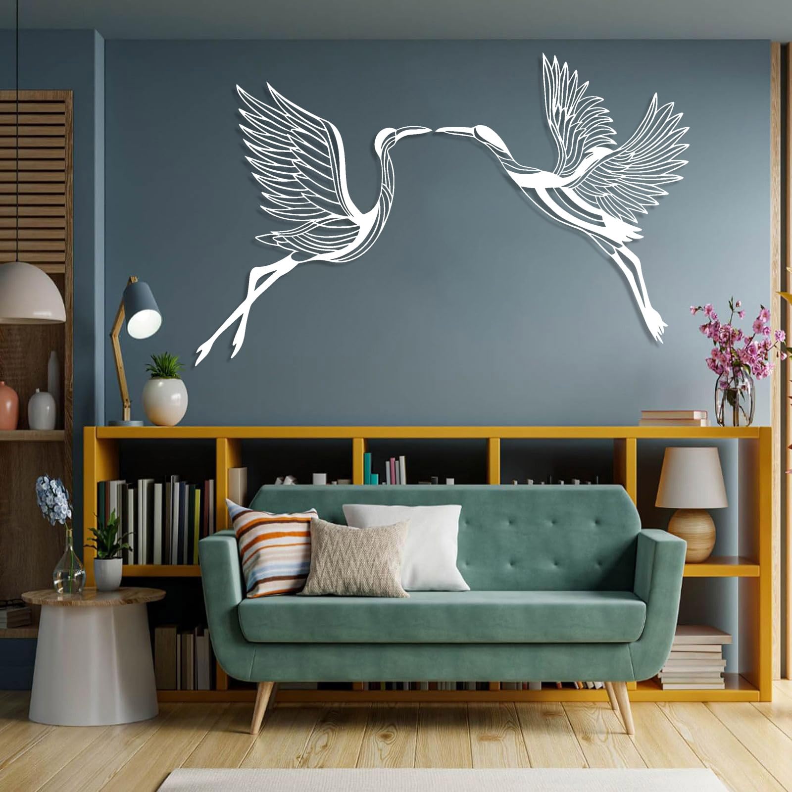 Conjunto de 2 grullas decorativas de pared de metal abstracto contemporáneo, arte, decoración artística, letrero de pájaros volando, bandada, hogar interior y exterior (76 x 122 cm, plateado)
