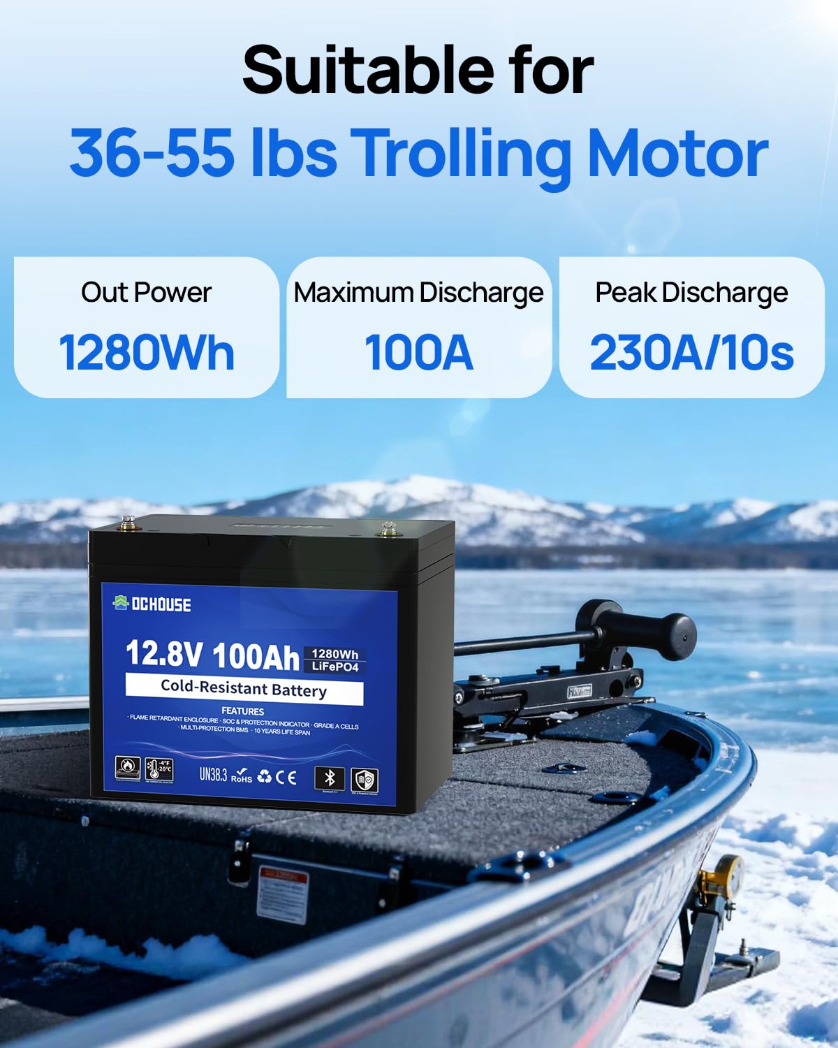 DC HOUSE 12V 100AH Cold-Resistant Lithium Trolling Motor Battery w SOC Status Indicators L-Temp Discharge Down to -22 — view 8