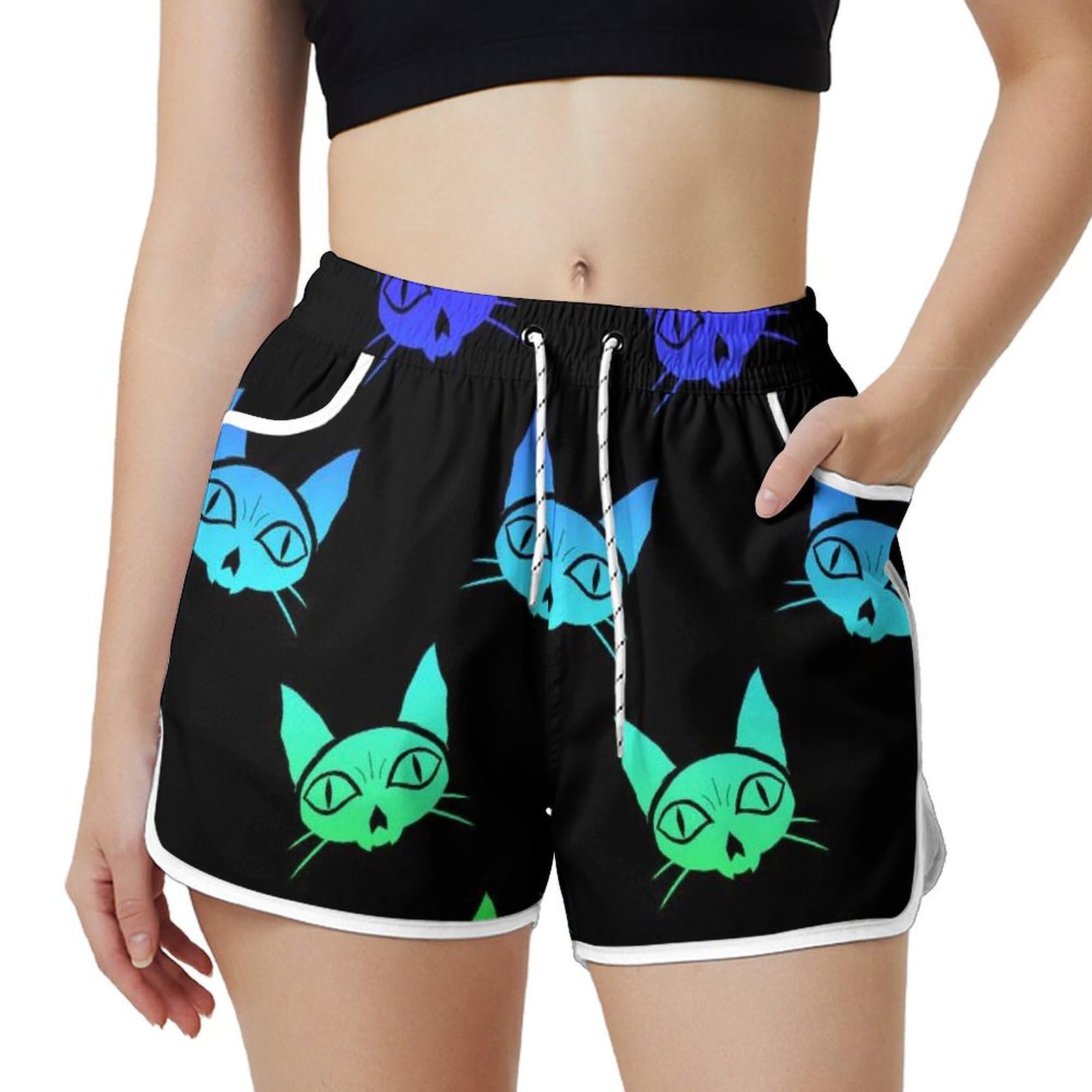 AYUNIX Women's Running Shorts with Pockets Quick Dry Performance Shorts for Women Colorful Cat Athletic Workout Gym Shorts White