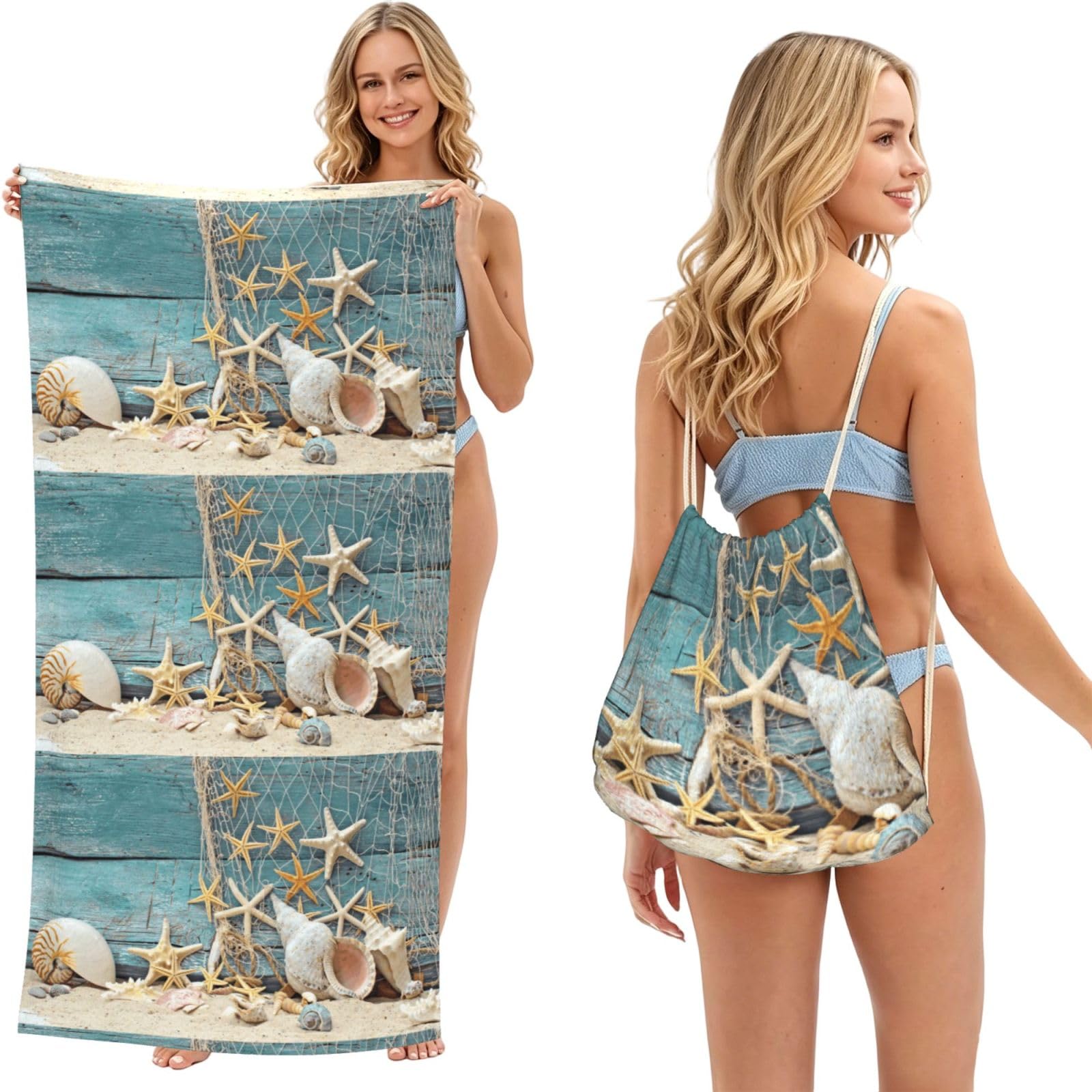 Poadnly As Picture Sea Beach Starfish On Fishing Net, 2 In 1 Packable Towel Bag, Beach Towels With Drawstring Backpack For Travel Holiday Camping