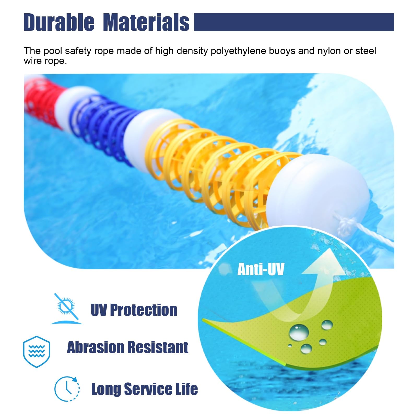 TUOYIBO Pool Safety Divider Rope and Float Line, Swimming Pool Lane Line Safety Fence with 2 Stainless Hooks, Pool Lane Area for Public Pool/Water Park (Color : Steel Wire Rope, Size : 12m(3