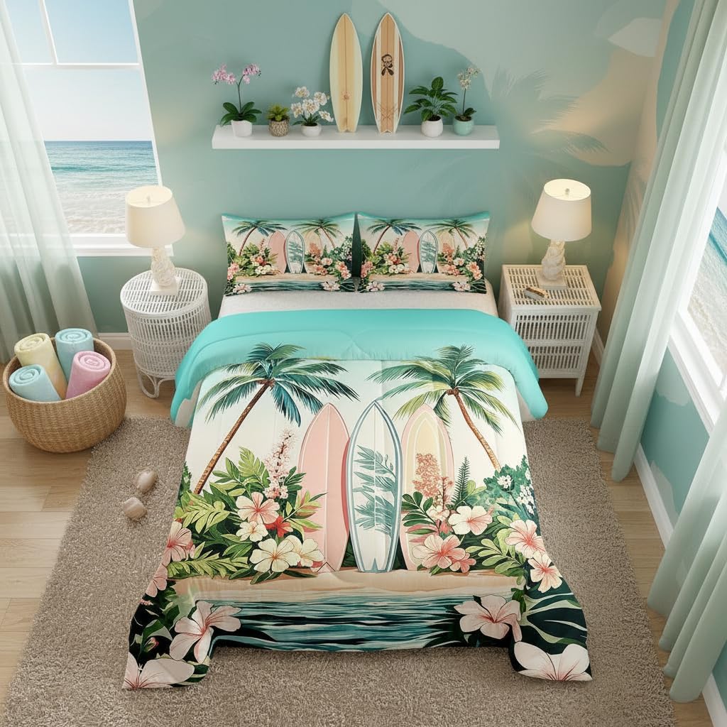Manfei Hawaii Summer Comforter Set Full Size,Seaside Tropical Flowers Coconut Palm Trees Bedding Set 3 Pcs for Teens Young,Watercolor Sunset Sky Paint Down Comforter,Orange Blue Green,2 Pillowcases
