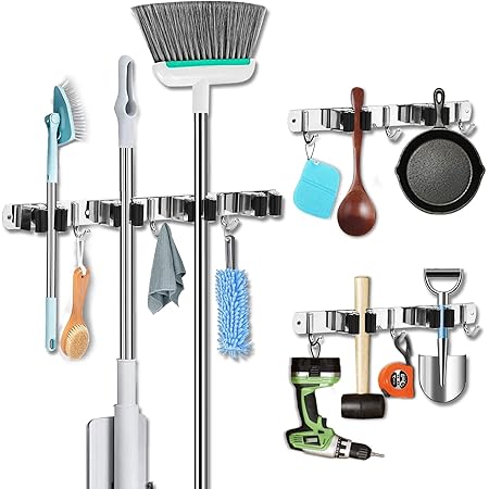 Relaxdays Porta Scopa & Attrezzi, 5 Posti E 6 Ganci, Appendini Da Esterno Interno Universali A Muro 40 Cm Pp Grigio 84665658 - Foto 9