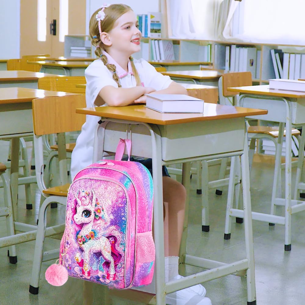 UFNDC 3PCS Backpack for Girls with Lunch Box,16”Kids Sequin Bookbag with Lunch Box, School Bag for Elementary Toddler - Image 6