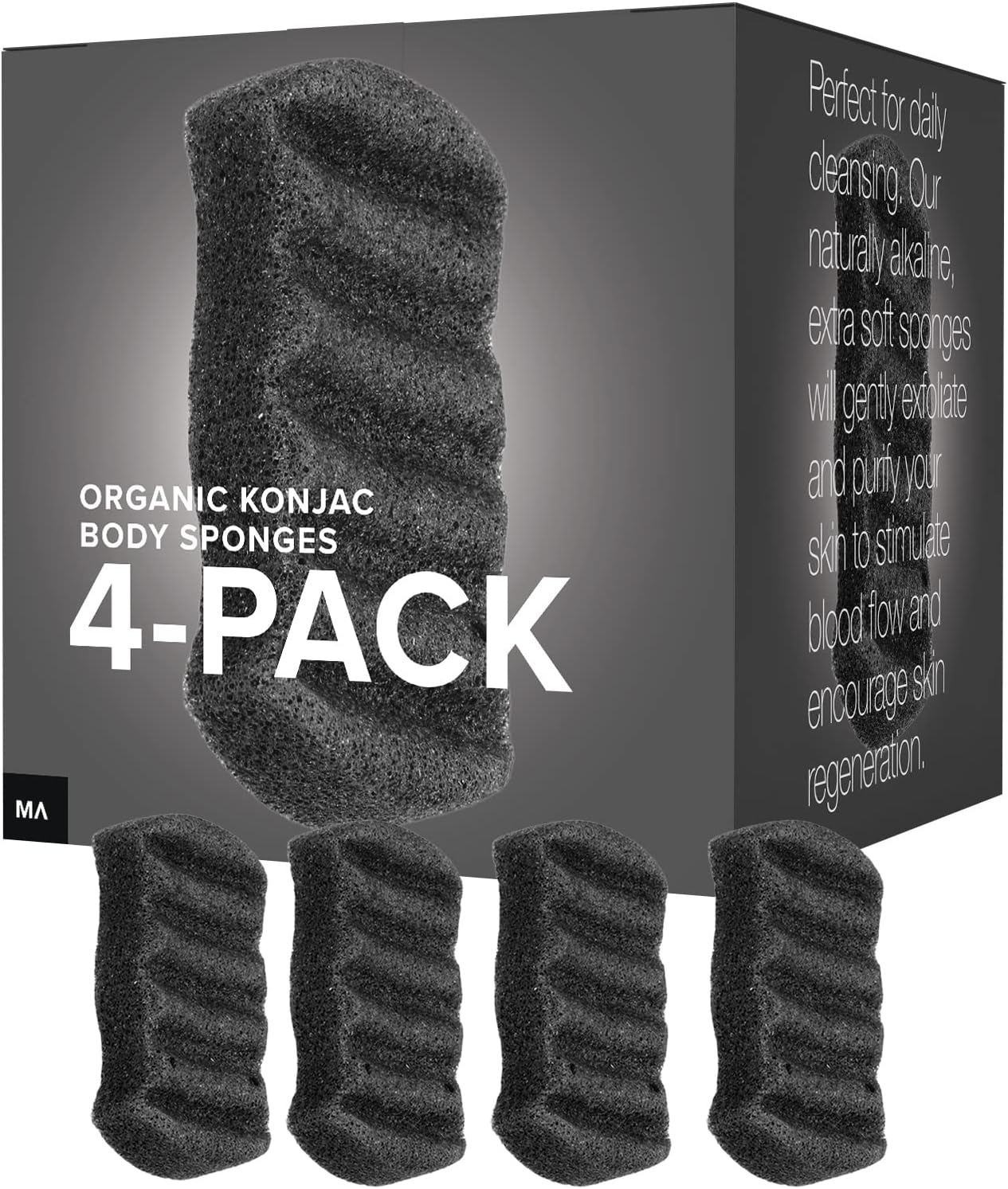 Minamul Konjac Exfoliating Organic Body Sponge | Gentle Daily Body face Scrub/Skincare | Infused with Best Bamboo Activated Charcoal | Safe for Oily Dry Combination or Sensitive Skin | 4 Pack Set