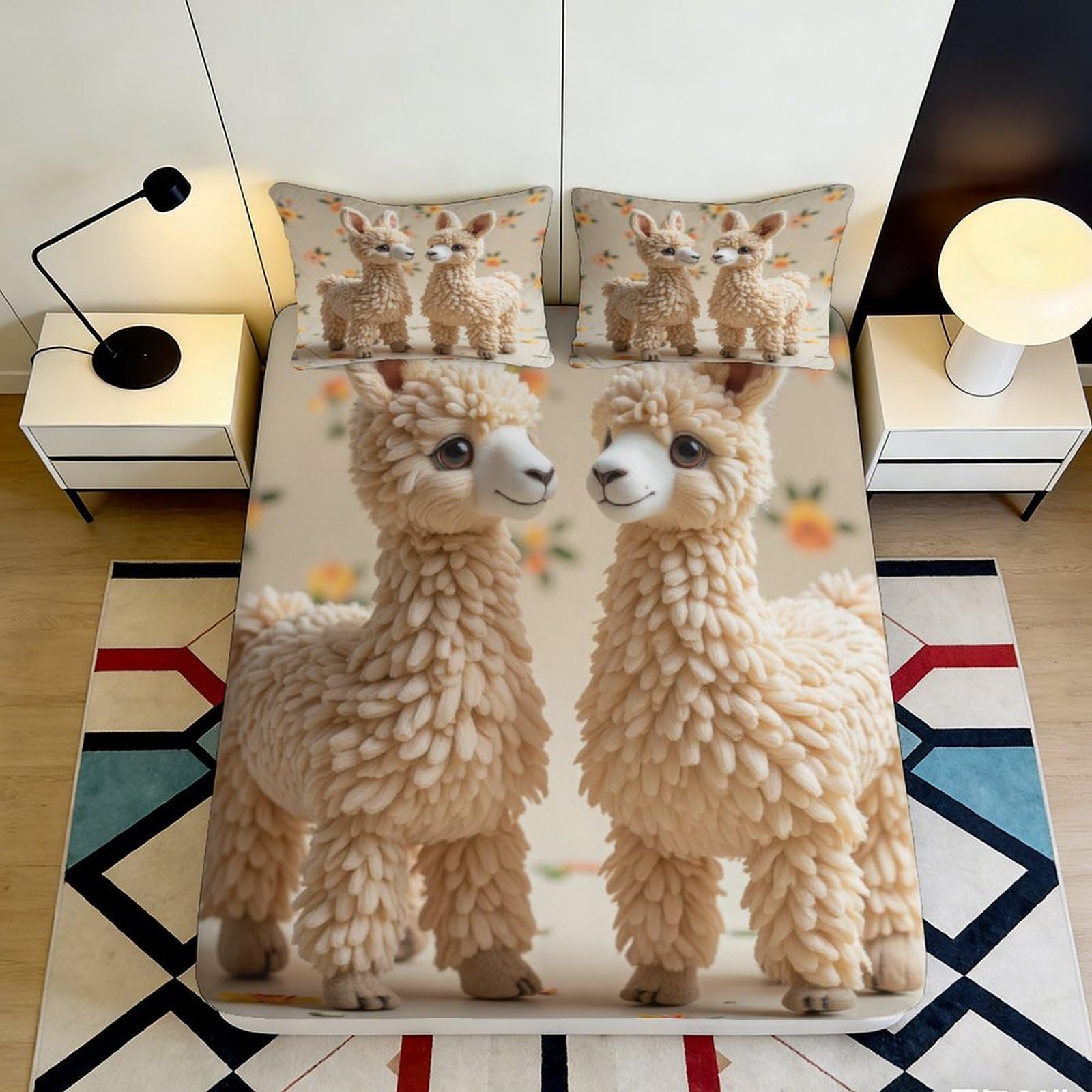 3D Printed Cute Alpaca Fitted Sheet Microfiber Soft Beige Cartoon Llama Mattress Cover Anti-Slip Washable for Bedroom Decor 200x200x25cm