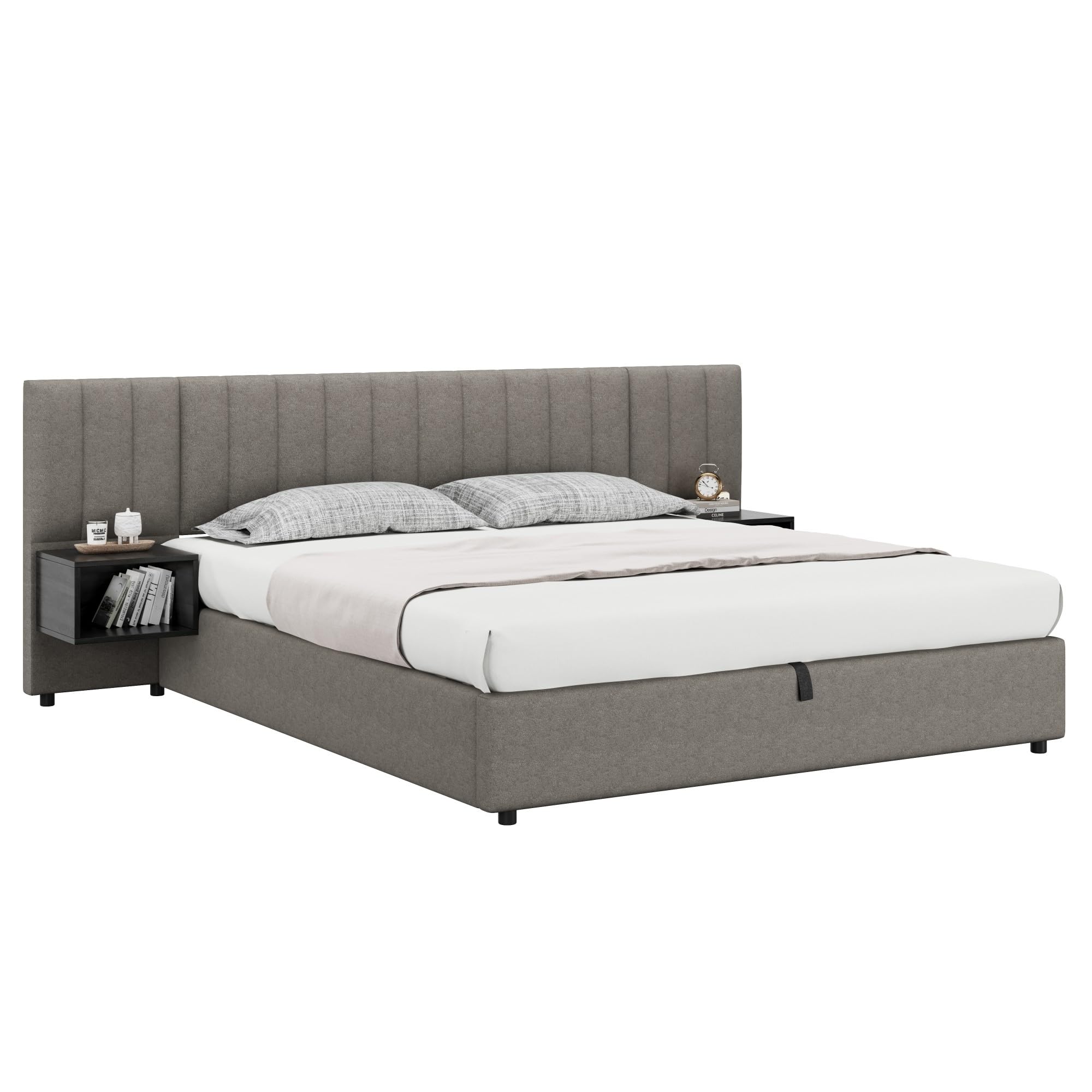 Cama Tapizada 180 x 200 cm con Almacenaje Hidráulico y Dos Mesillas con Cajones, Somier de Láminas de Madera, Cama para Dormitorio de Adultos y Jóvenes, Fácil Montaje, Tela Lino, Gris y Negro