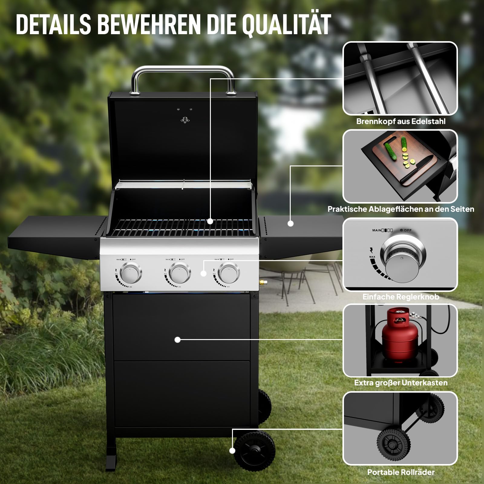 ROVSUN Gasgrill Camping mit 3 Brennern, Camping Gasgrill 10,5 kW, Grillwagen mit Deckel & 2 Seitenablagen, Gas Grill (3 Brennner, 117x40x140 cm)
