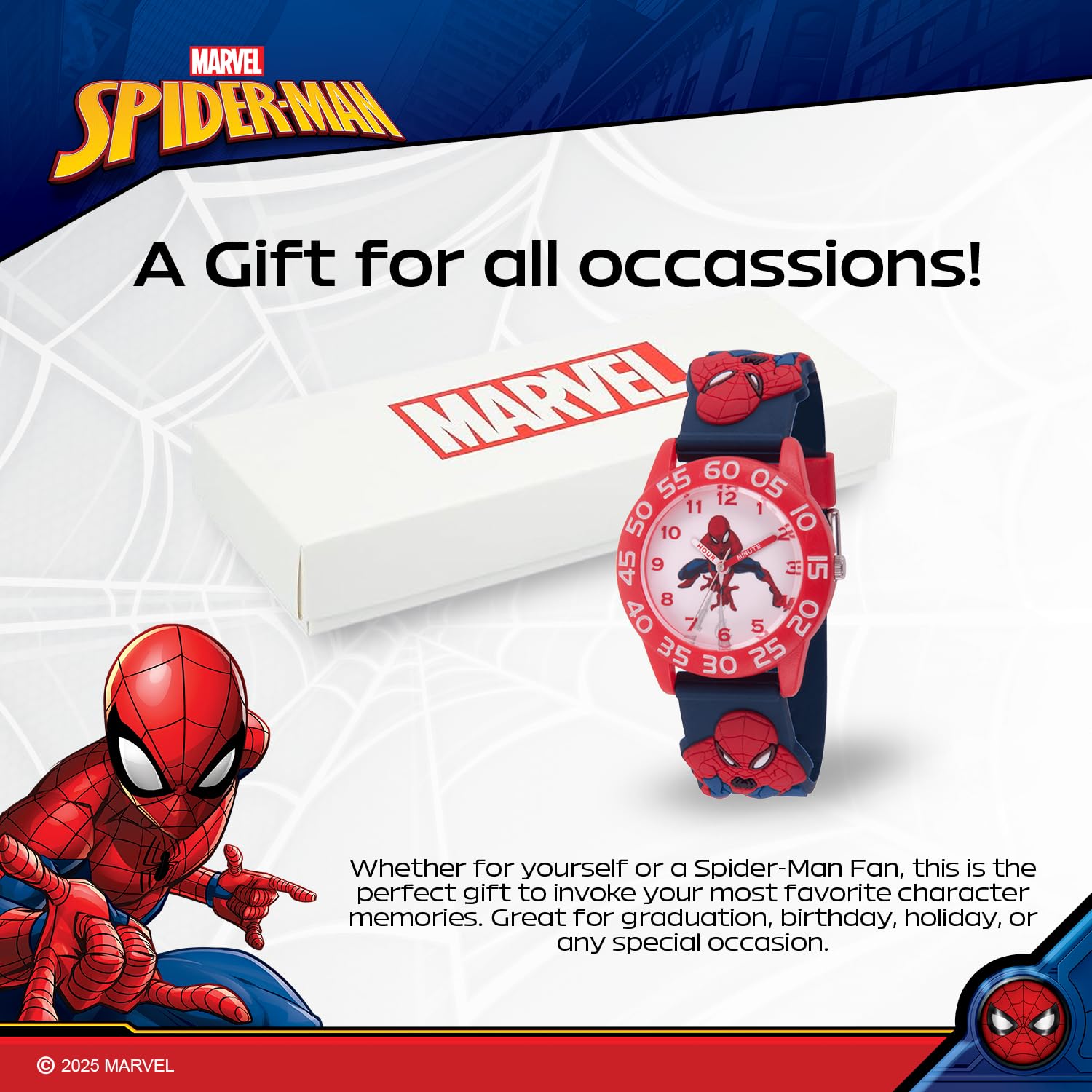 Marvel Spider-Man - Orologio analogico al quarzo con cinturino in 3D per insegnare l'ora, Blu, Cinturino