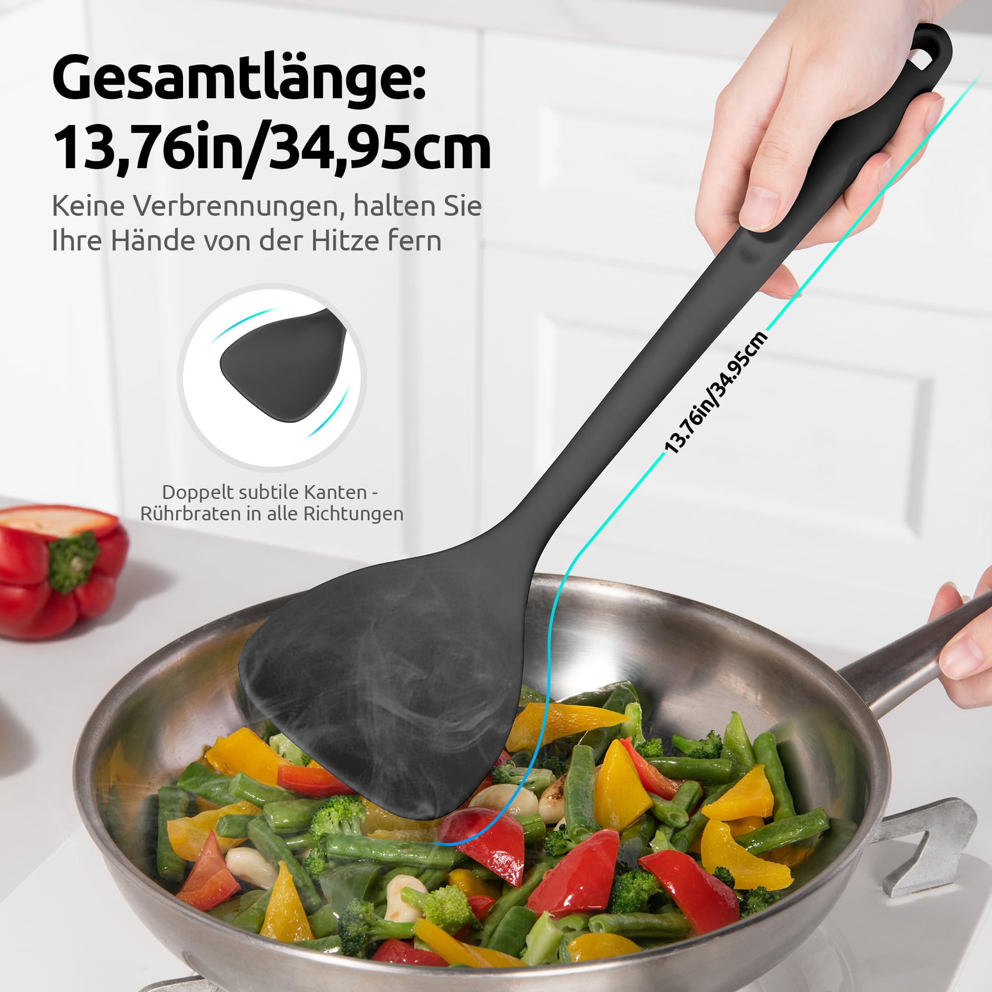 U-Taste Extra langer Silikon Wok Spatel: 315℃ hitzebeständiger Antihaft Wokpfannenwender, nahtloser Spatel mit breitem Löffelkopf und gebogenen Kanten zum Pfannenrühren, Wenden, Grillen (Schwarz)