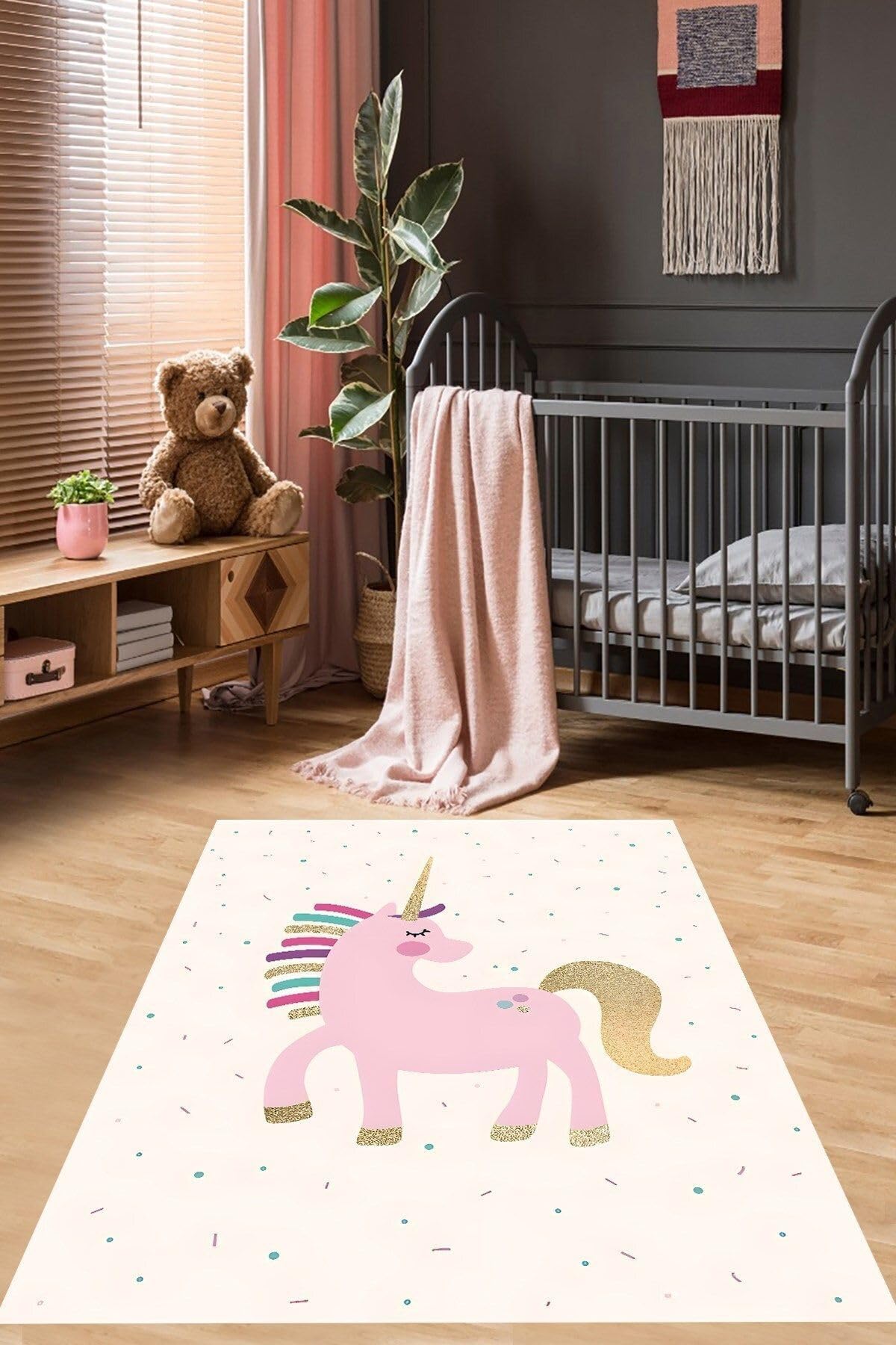 Pelangi Pembe Tek Boynuzlu At Desenli Yıkanabilir Kaymaz Taban Leke Tutmaz Çocuk Odası Halısı, Pembe 120 x 200