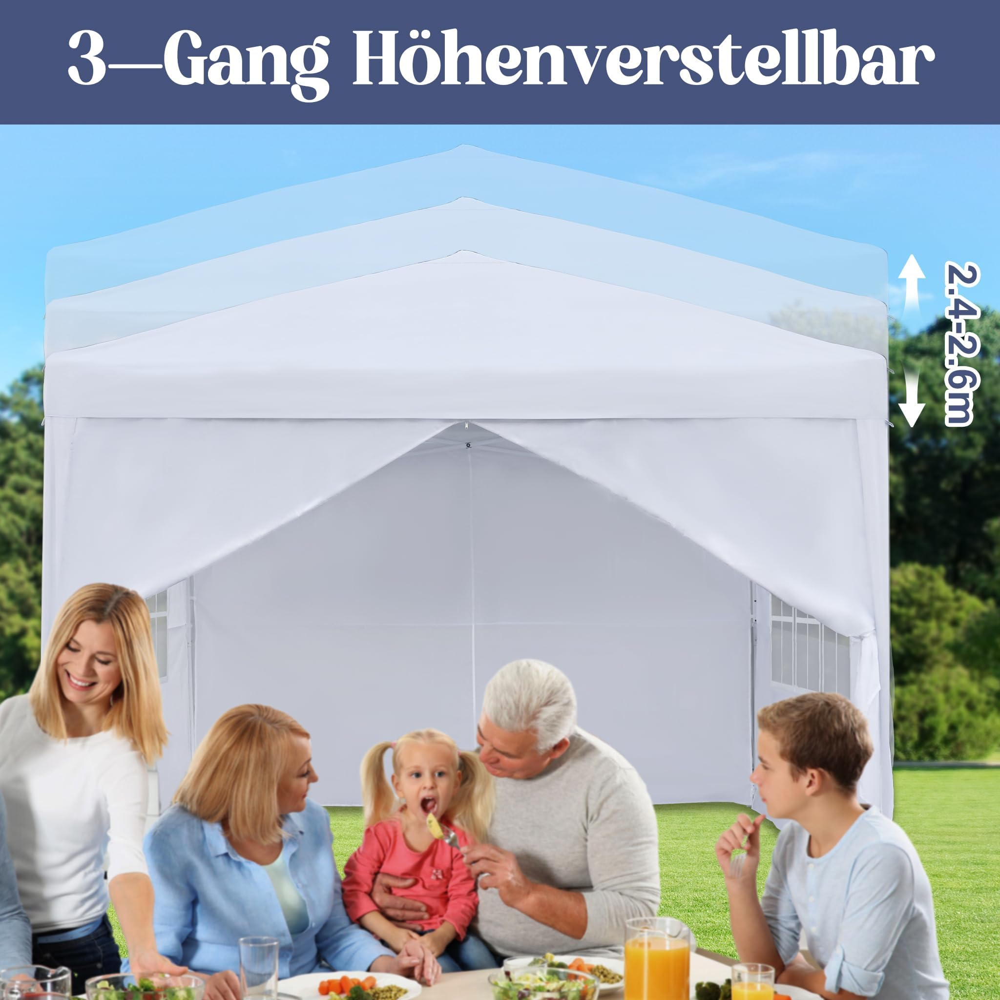 YUENFONG Gazebo pieghevole, 3 x 3 m, impermeabile, stabile, gazebo da giardino con 4 parti laterali, tenda pieghevole da giardino, protezione UV, per campeggio, feste, colore bianco