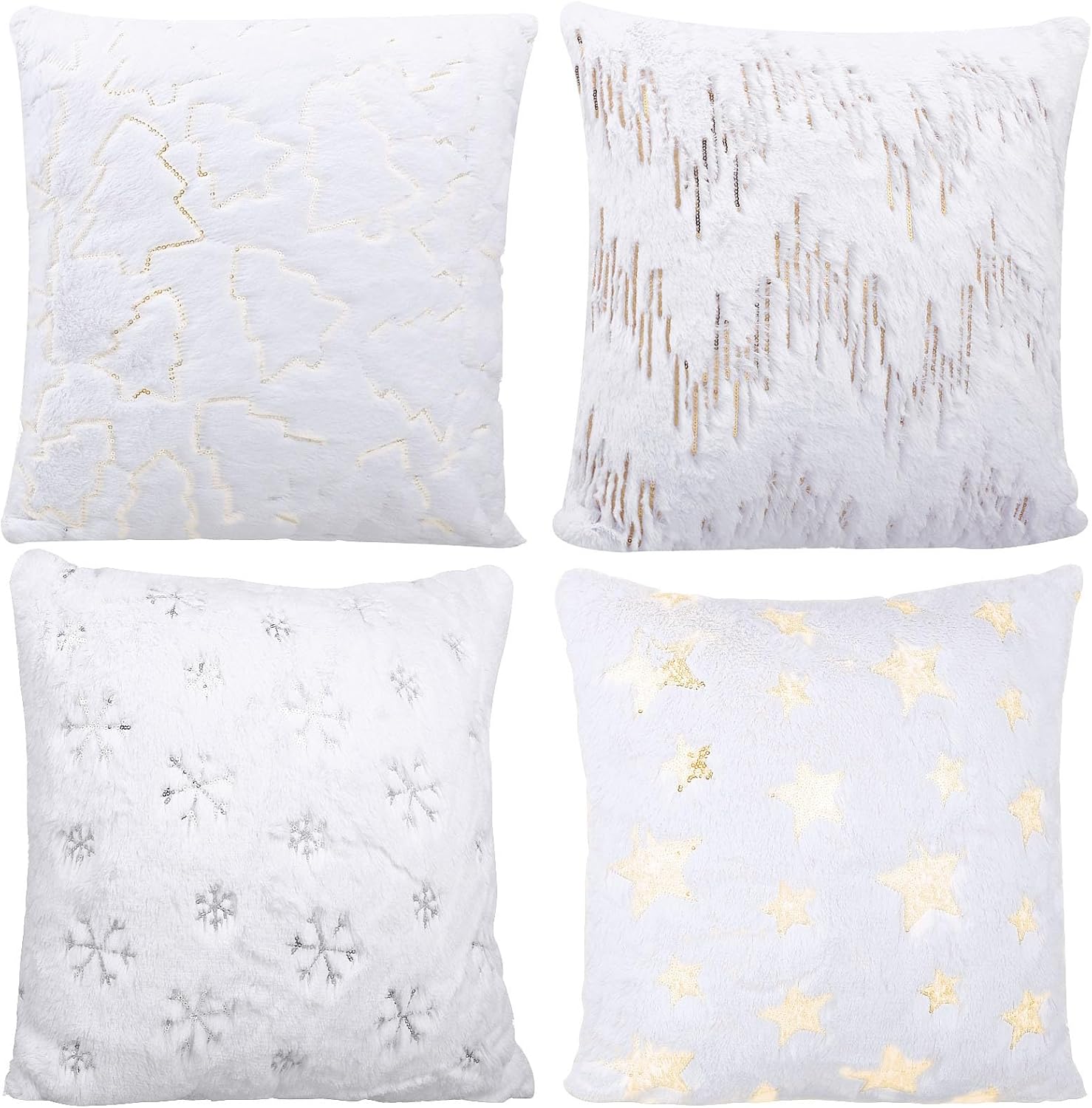 PRETYZOOM Christmas Pillow Cover Set of 4, Snowflake Fuzzy Throw Pillow Cover Decorative Embroidery Throw Pillow Covers for Winter Christmas Party Supplies (18x18 inches)