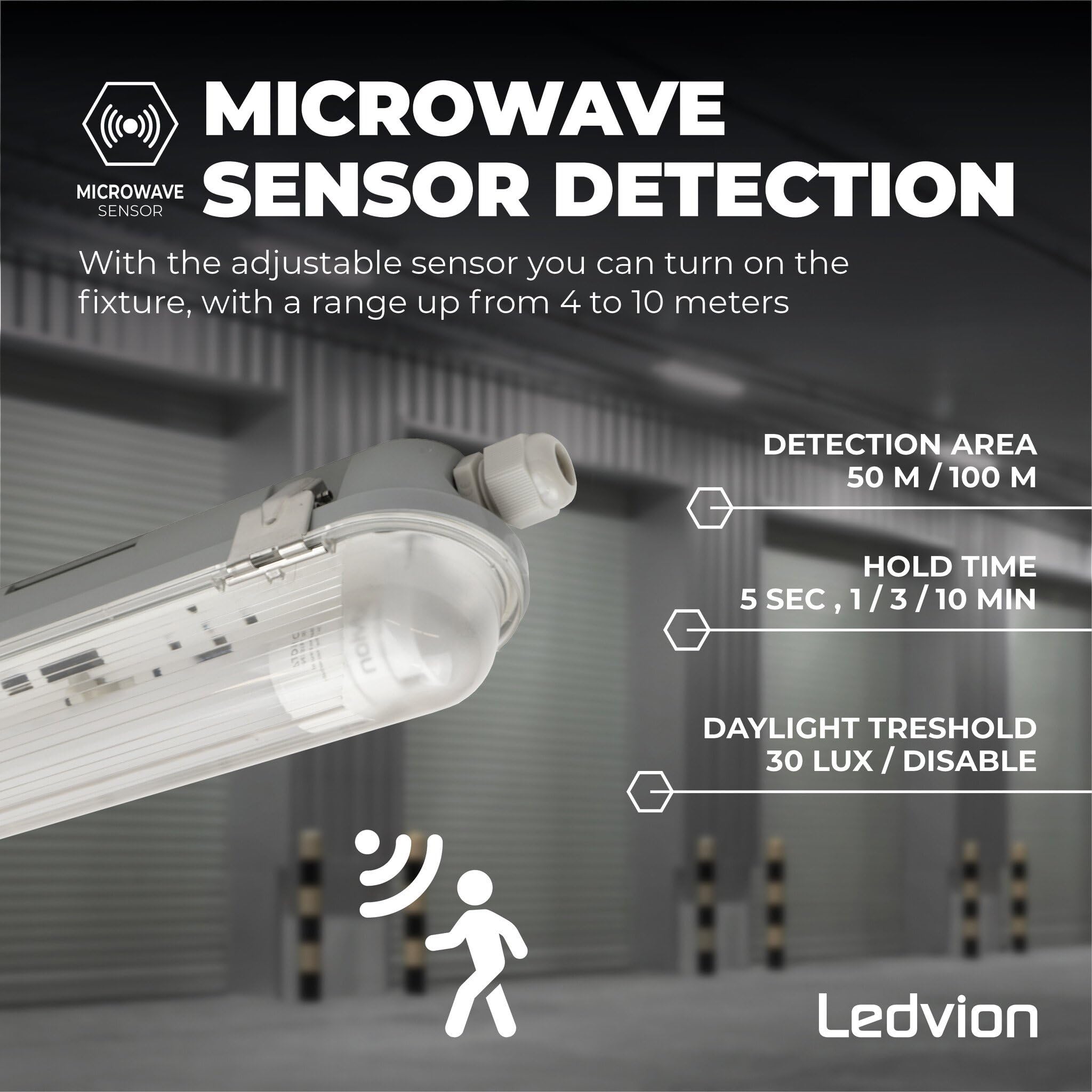 Ledvion - 1 pieza, pantalla estanca, 120cm, IP65, 18W, 185 lm/W, Blanco frío, 6500K, con sensor, lámpara de techo para garaje, de bodega, tubo led, almacén