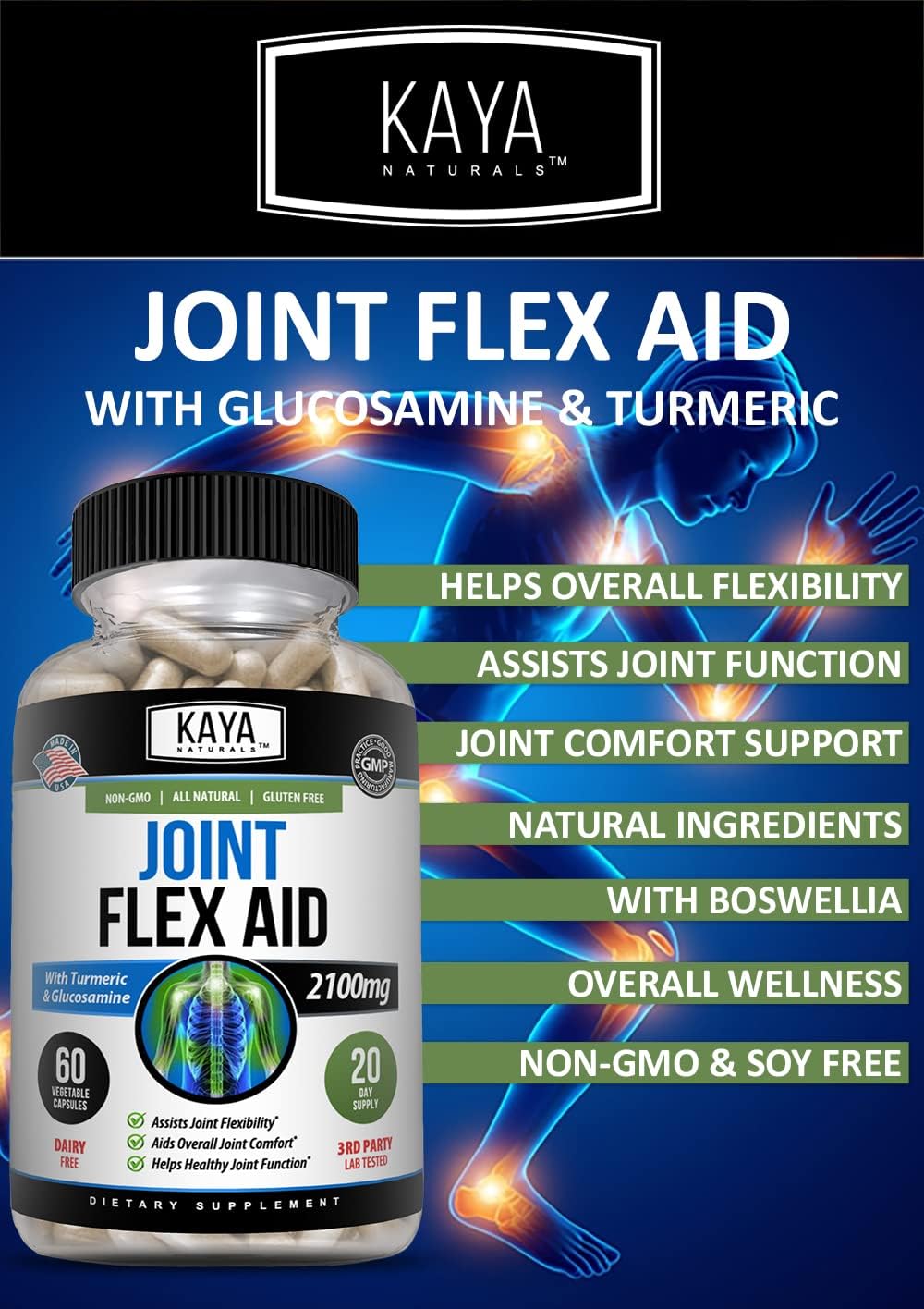 Kaya Naturals Joint Flex Aid | Joint Support Supplement for Men and Women | Turmeric Capsules with Glucosamine Sulfate, Boswellia Serrata and MSM | For Overall Knee Support and Joint Health (60 Count)