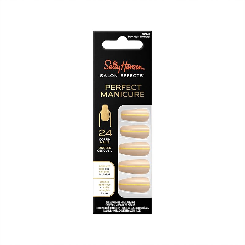 Salon Effects® Perfect Manicure, Meet Me In The Metal, Press On Nails, Coffin Shaped, Non-Damaging Adhesive Tabs, File, and Alcohol Pad Included