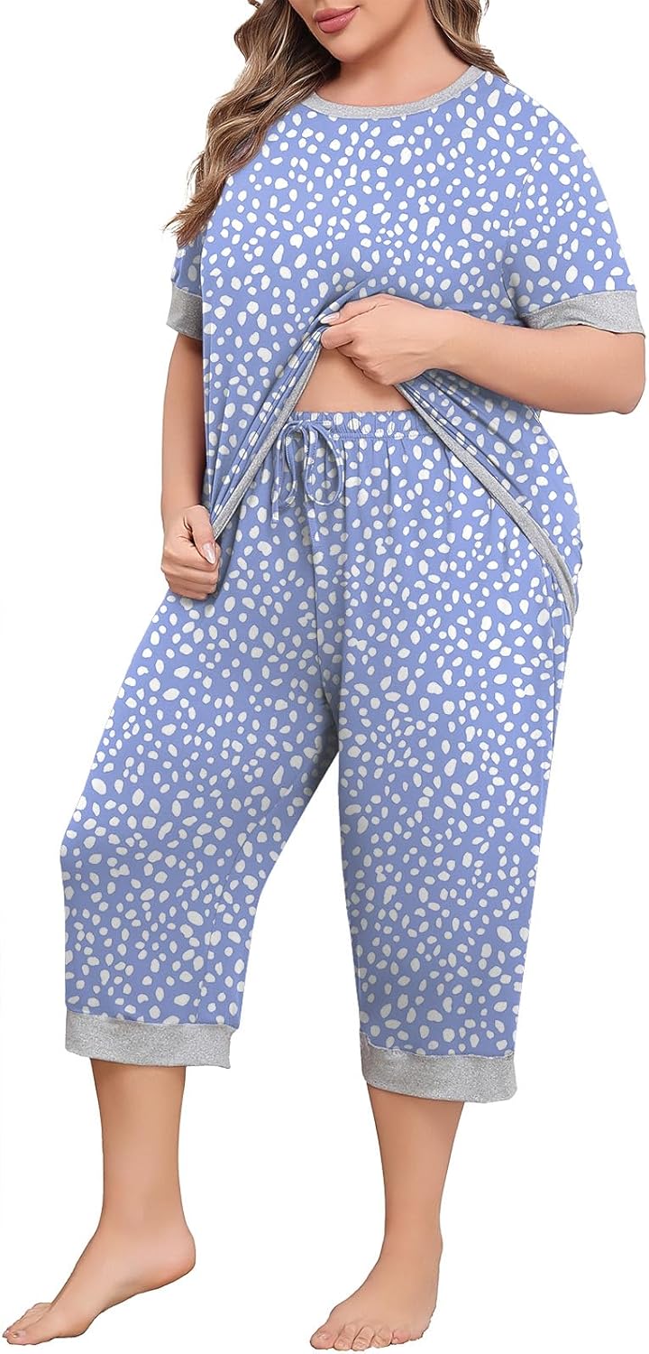 Lastshe Women Plus Size Pajama Set 2 Piece Short Sleeve Capri Pants Knit Sleepwear Lounge Set Ladies Pjs Soft with Pockets - Image 2