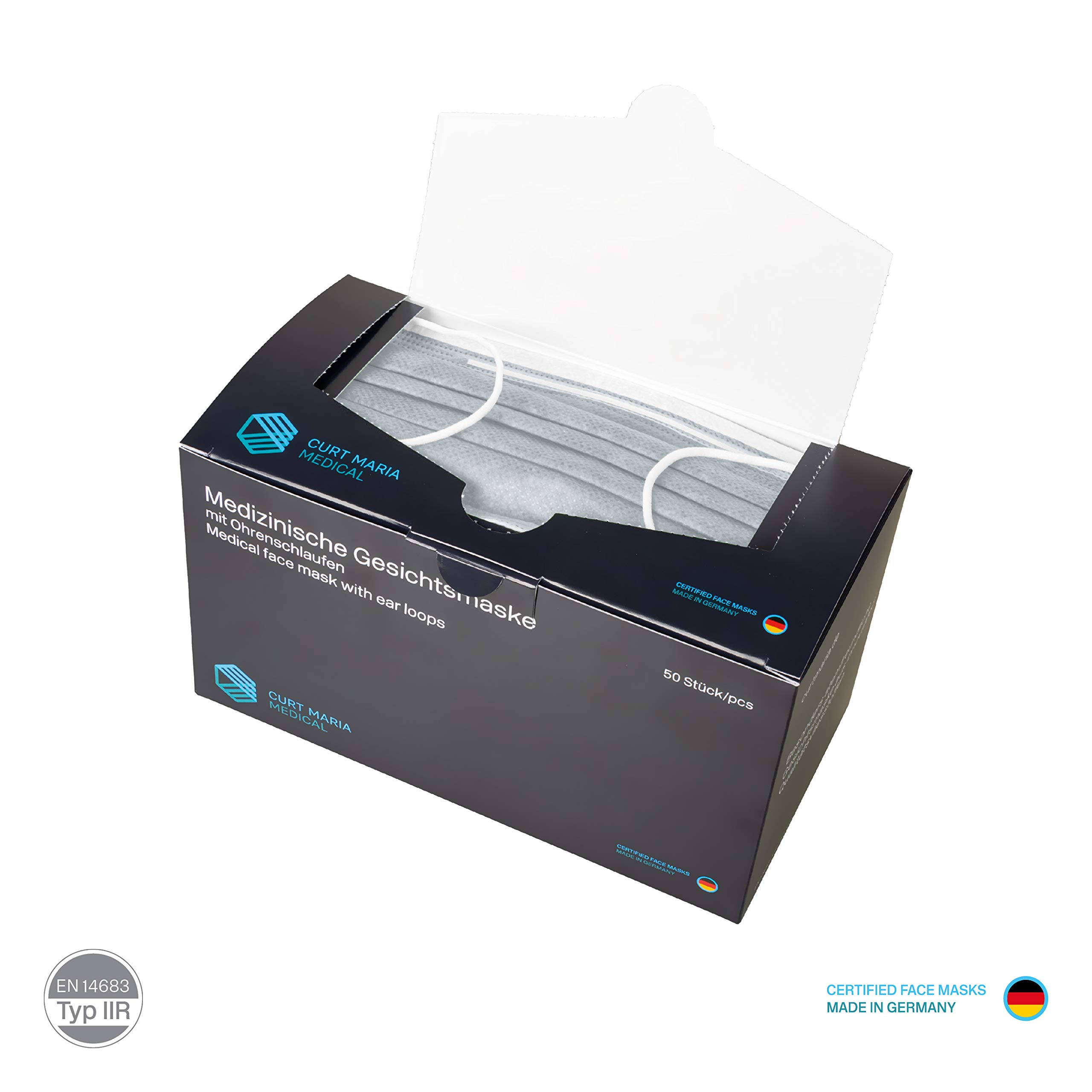 Curt Maria Medical 3-Ply Medical Masks con anelli per l'orecchio, grigio, confezione da 50