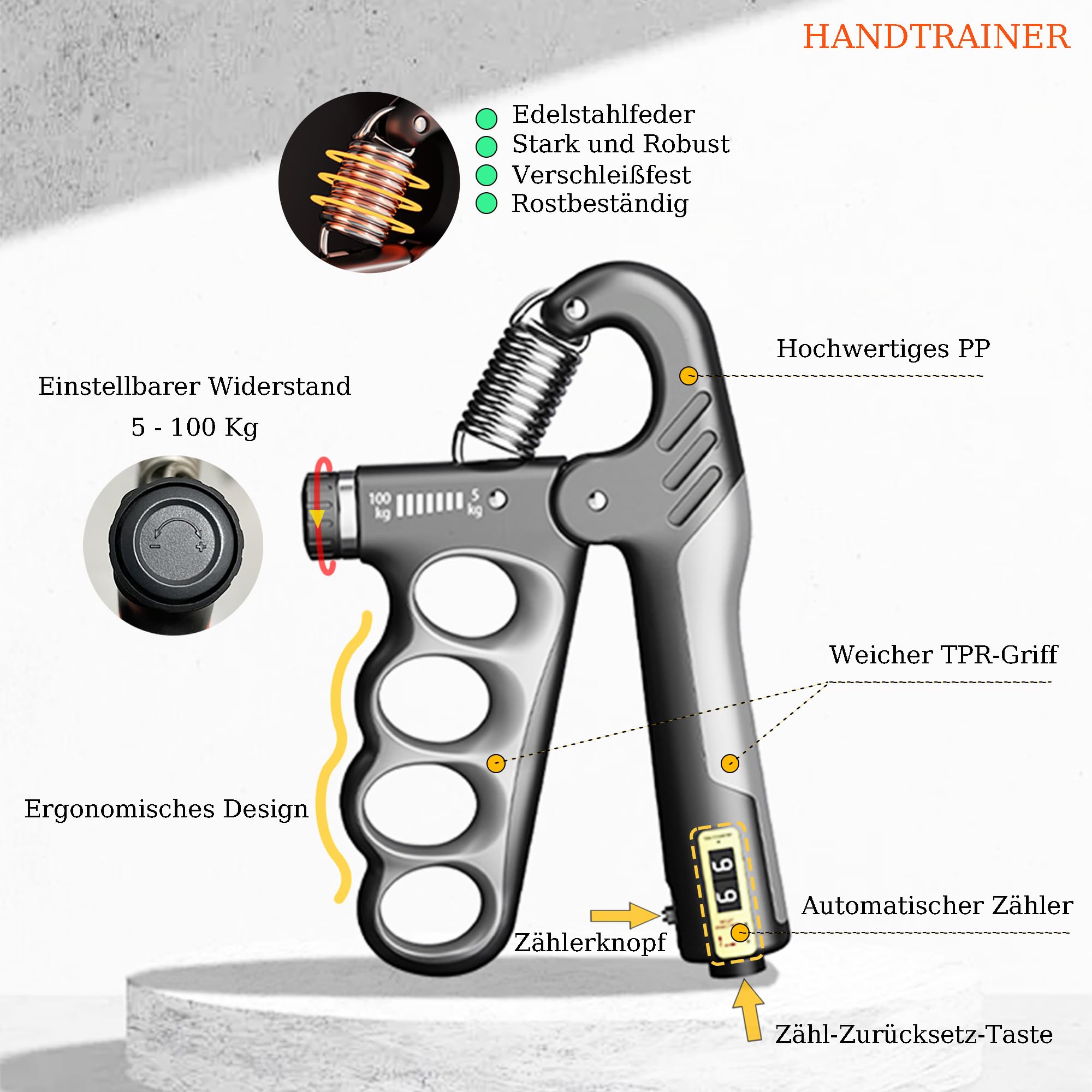 Griffkraft Trainer, Handtrainer, Unterarmtrainer mit Automatischer Zähler | Einstellbarer Widerstand von 5-100 kg, Geeignet für Griffkrafttraining, Handphysiotherapie und Rehabilitation